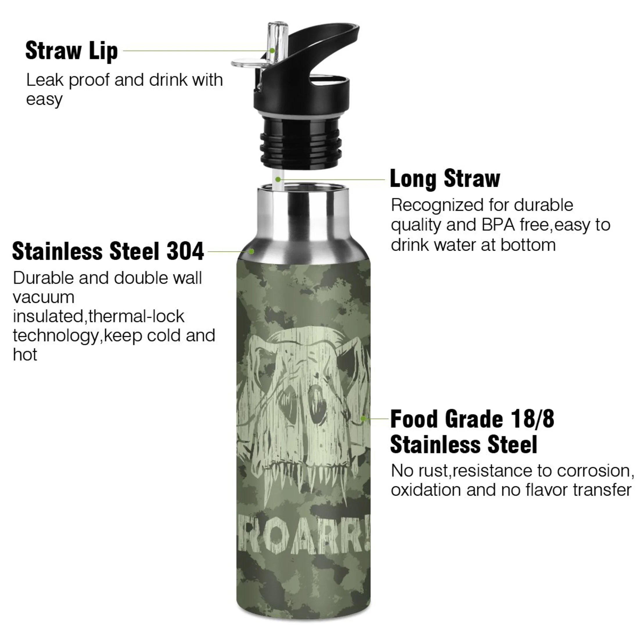 Water Bottle with Straw Lid Leak Camouflage Dinosaur Stainless Steel Insulated Thermos Vacuum Flask for Cold Hot Drinking for Sports Camping Gym Yoga