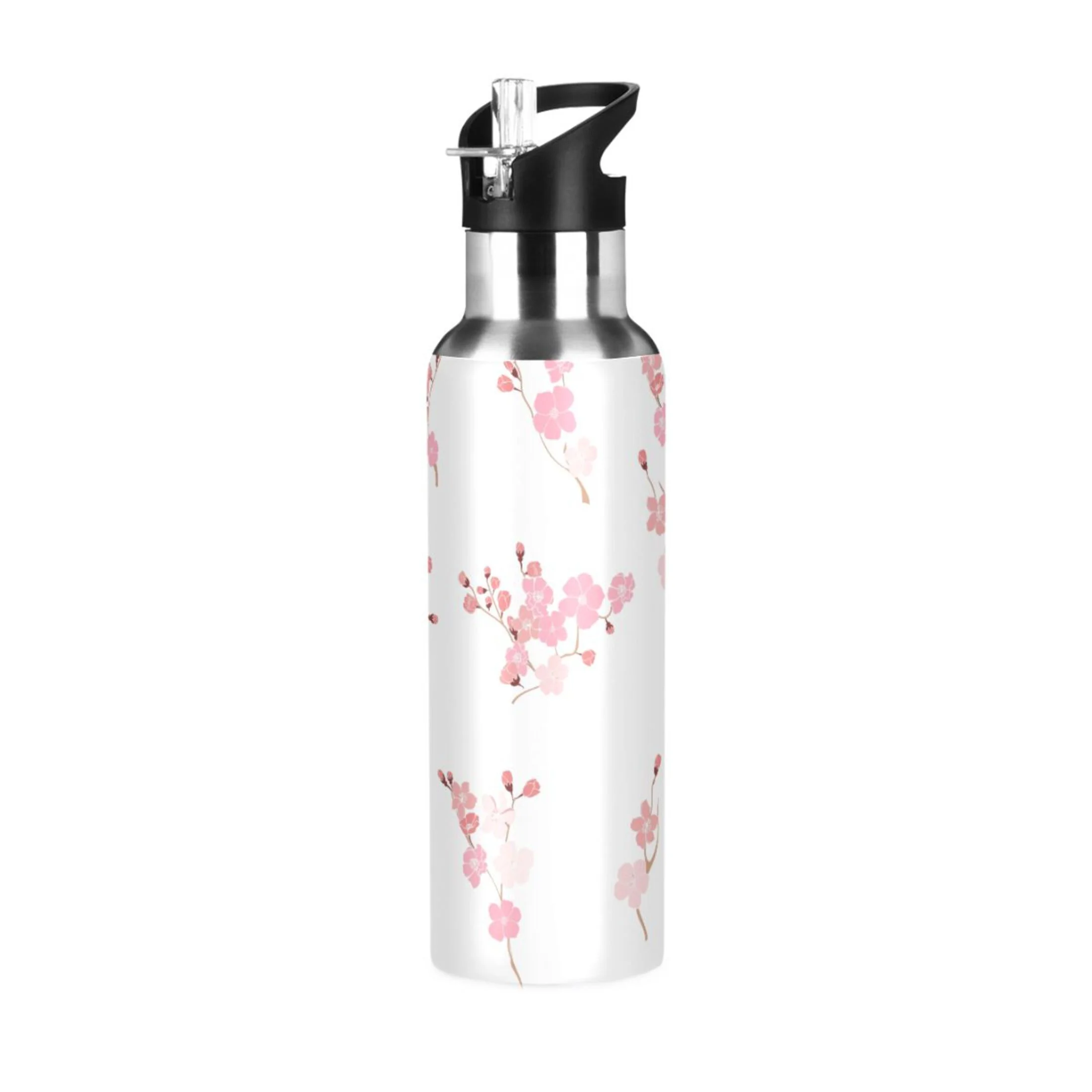 Water Bottle with Straw Lid Leak Pink Flowers Cherry Floral Branch Stainless Steel Insulated Thermos Vacuum Flask for Cold Hot Drinking for Sports Camping Gym Yoga