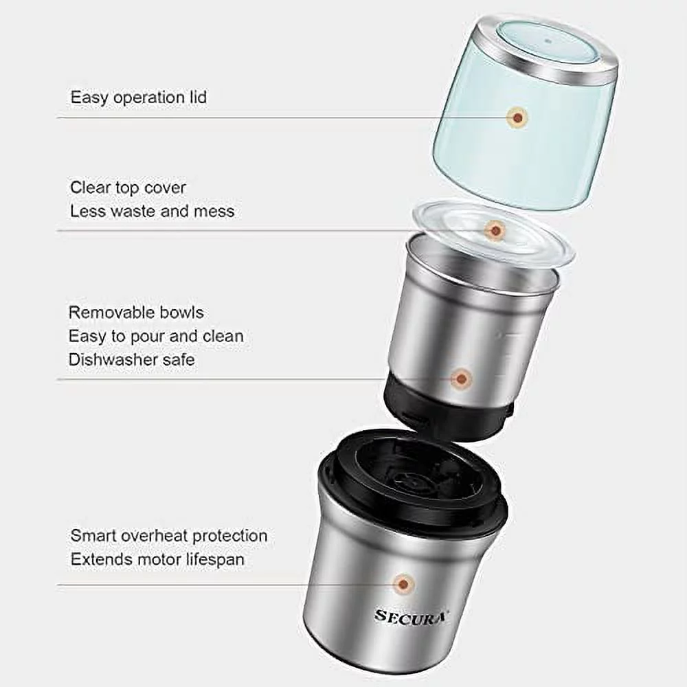 Secura Coffee Grinder Electric, 2.5oz/75g Large Capacity Spice Grinder Electric, Coffee Bean Grinder with 1 Stainless Steel Blades Removable Bowl