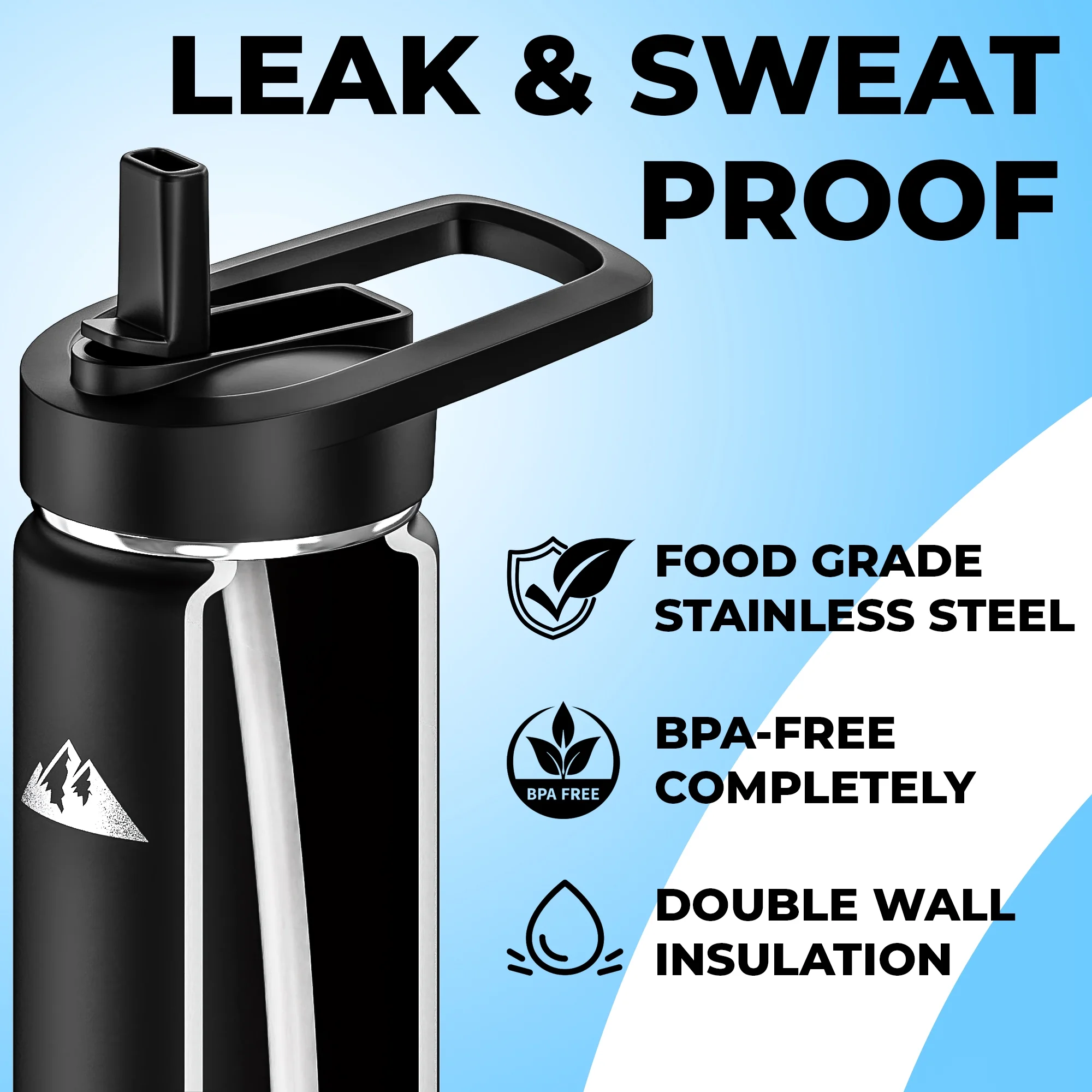 Insulated Water and Beverage Bottle with Straw and Flip Top Lid, Fits Cup Holder, Double Walled Stainless Steel Vacuum Sealed, Leak and Sweat Proof Stainless Steel 24oz