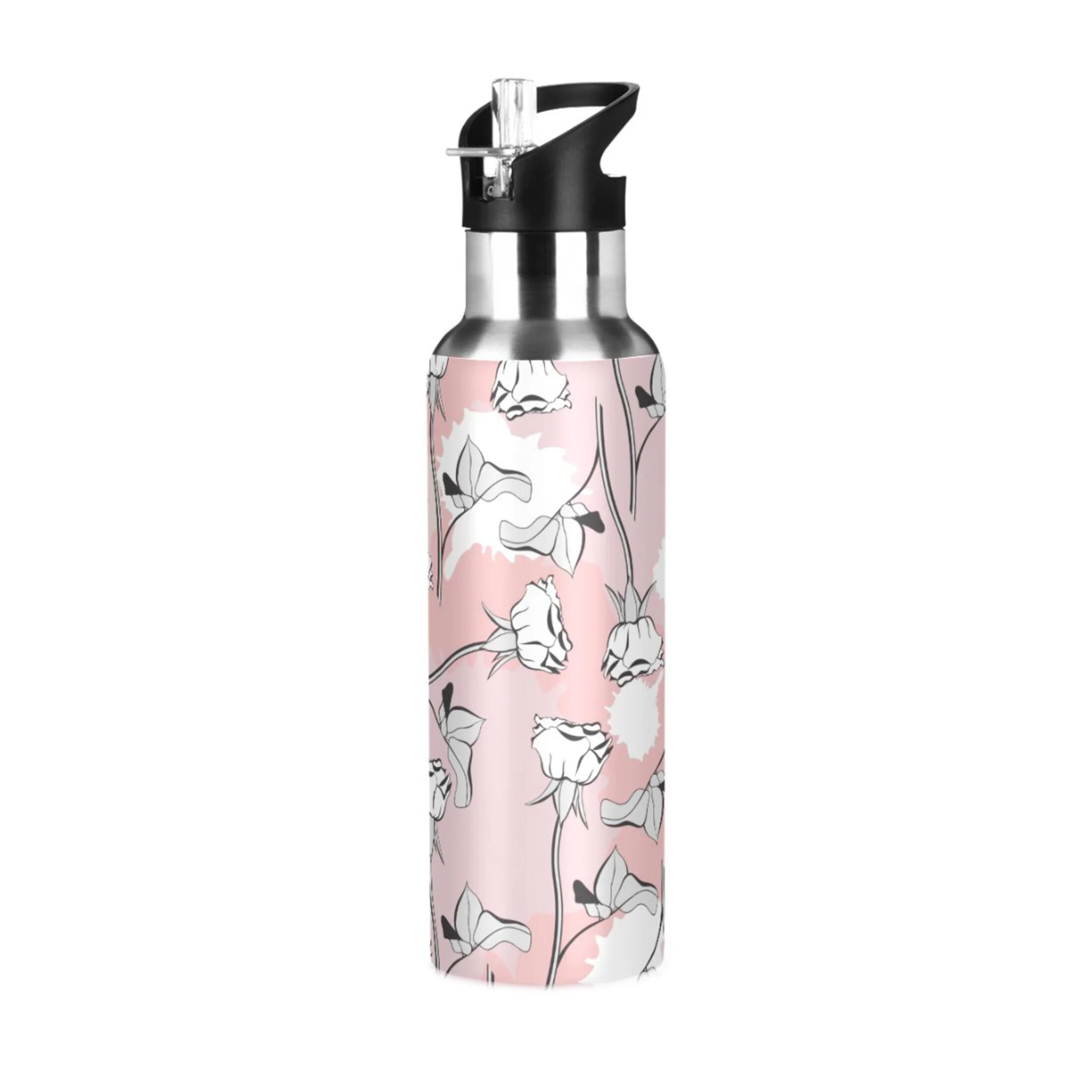 Abstract Roses Flowers Water Bottles Insulated Thermos Kids Stainless Steel Bottle with Straw Lid Flask Leakproof for Sports Gym 20 oz