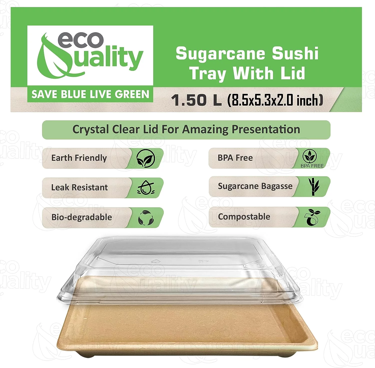 EcoQuality X-Large Compostable Sushi Trays with Lids - Natural Sugarcane Bagasse Take Out Sushi Container - Biodegradable Disposable Sushi Plate with Lid Eco Friendly To go Serving Tray (300 PACK)