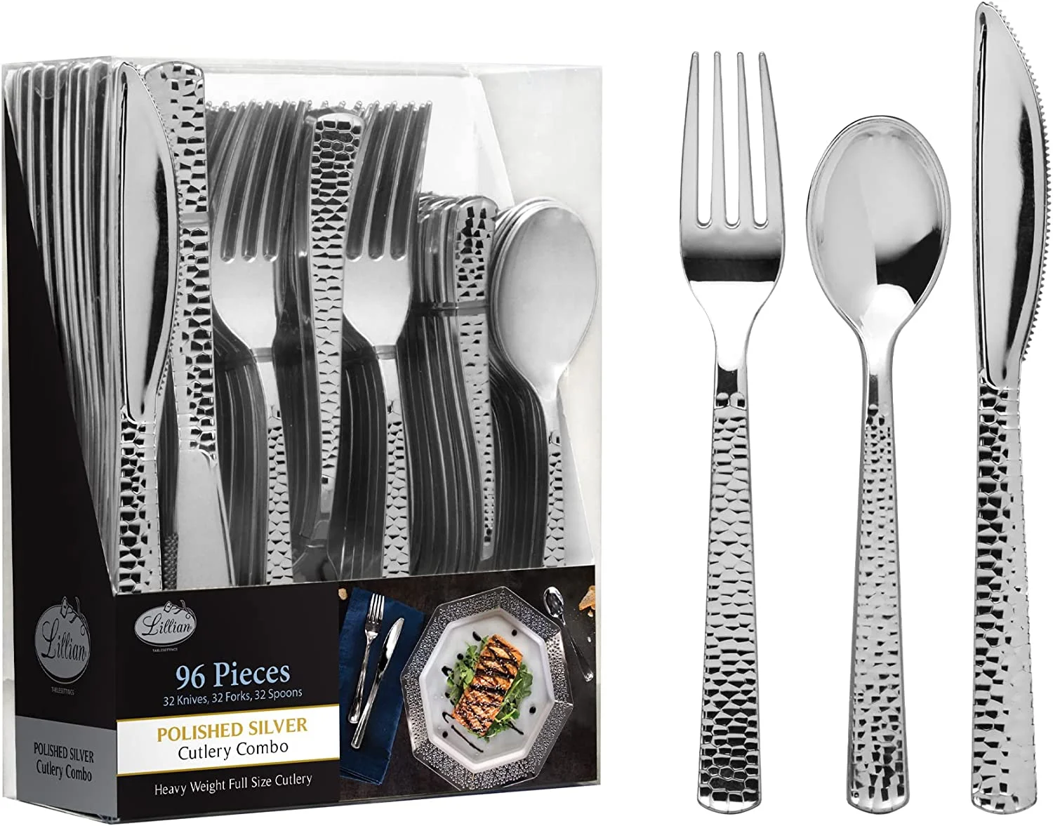 VeZee 96 Pcs Disposable Extra Heavyweight Silver Plastic Silverware.Lillan Tablesettings One Pack includes 32 Forks, 32 Spoons & 32 Knives |1 Pack