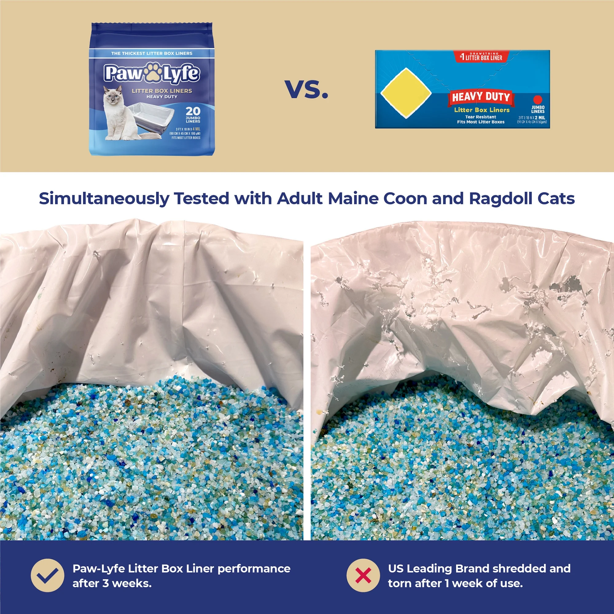 PawLyfe Litter Box Liners: Heavy Duty - Thickest Litter Liner on the Market 4MIL - Tear & Leak Resistant - Drawstring Close - Jumbo, 36” x 18” - 20 Count Jumbo Size Draw String Litter Liners for Cats
