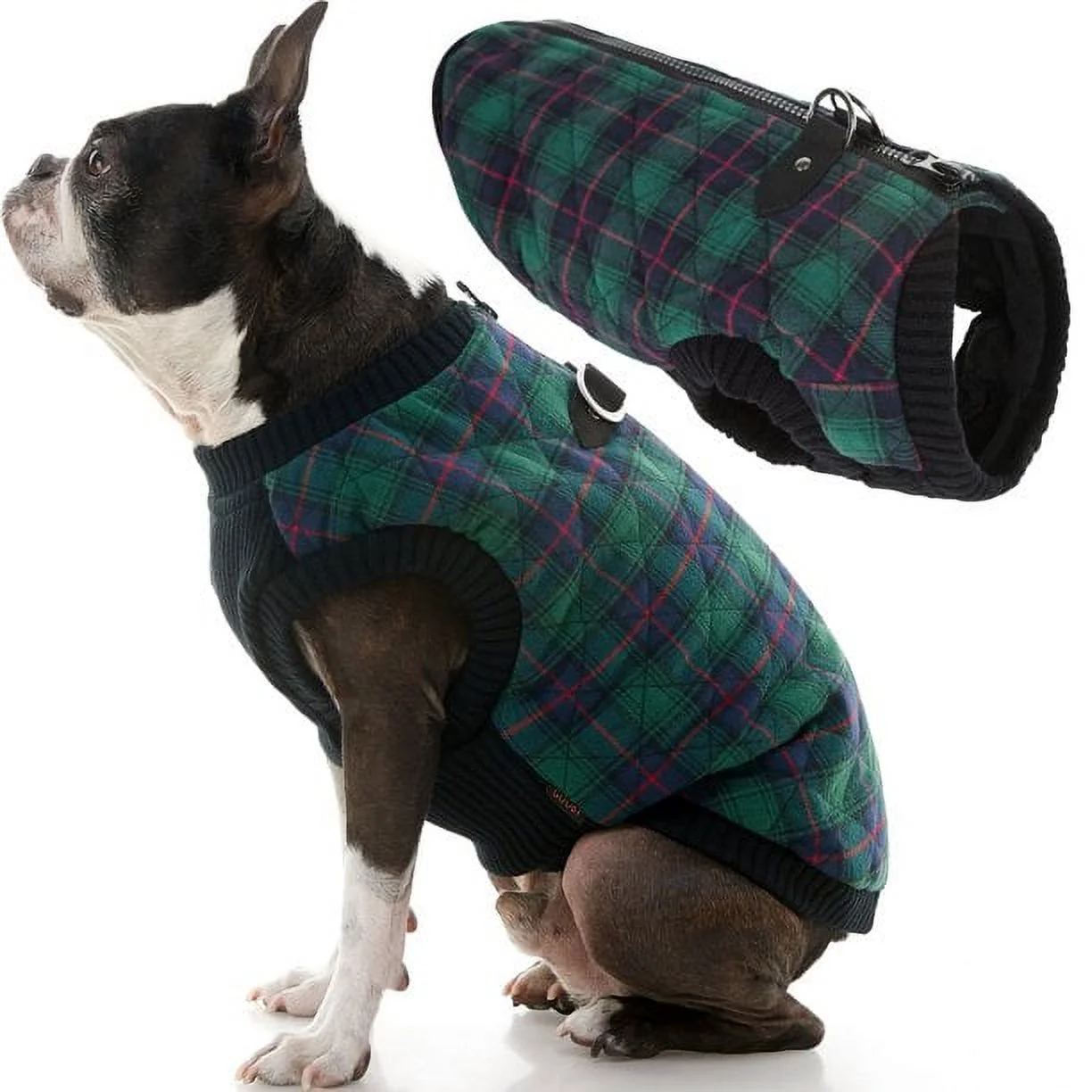 Gooby Fashion Dog Vest - Green Check, Large - Small Dog Sweater Bomber Dog Jacket Coat with D Ring Leash and Zipper Closure - Dog Clothes for Small Dogs Girl or Boy for Indoor and Outdoor Use