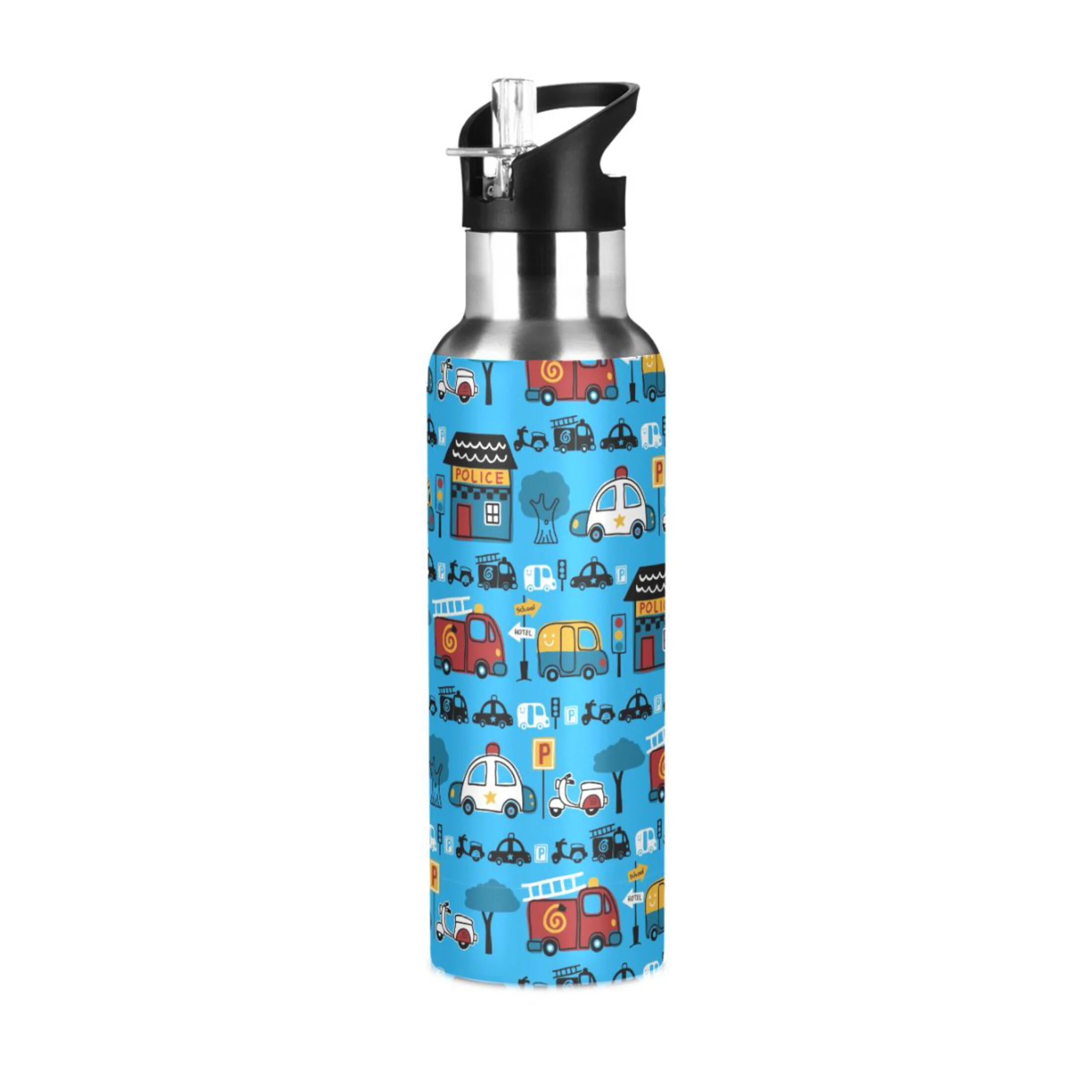 Vehicles Cartoon Trucks Cars Water Bottles Insulated Thermos Kids Stainless Steel Bottle with Straw Lid Flask Leakproof for Sports Gym 20 oz