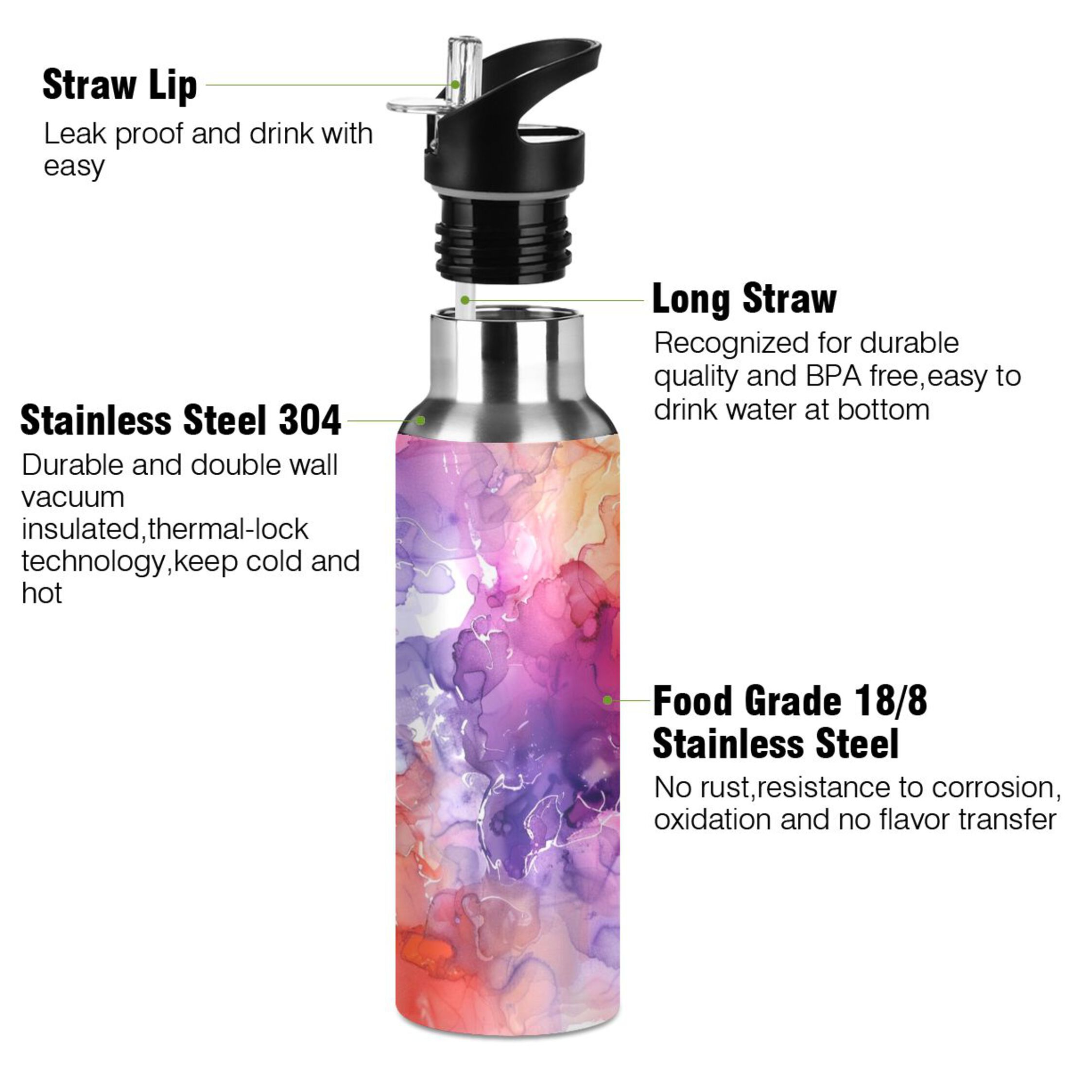 Purple Marble Water Bottles Insulated Thermos Kids Stainless Steel Bottle with Straw Lid Flask Leakproof for Sports Gym 20 oz