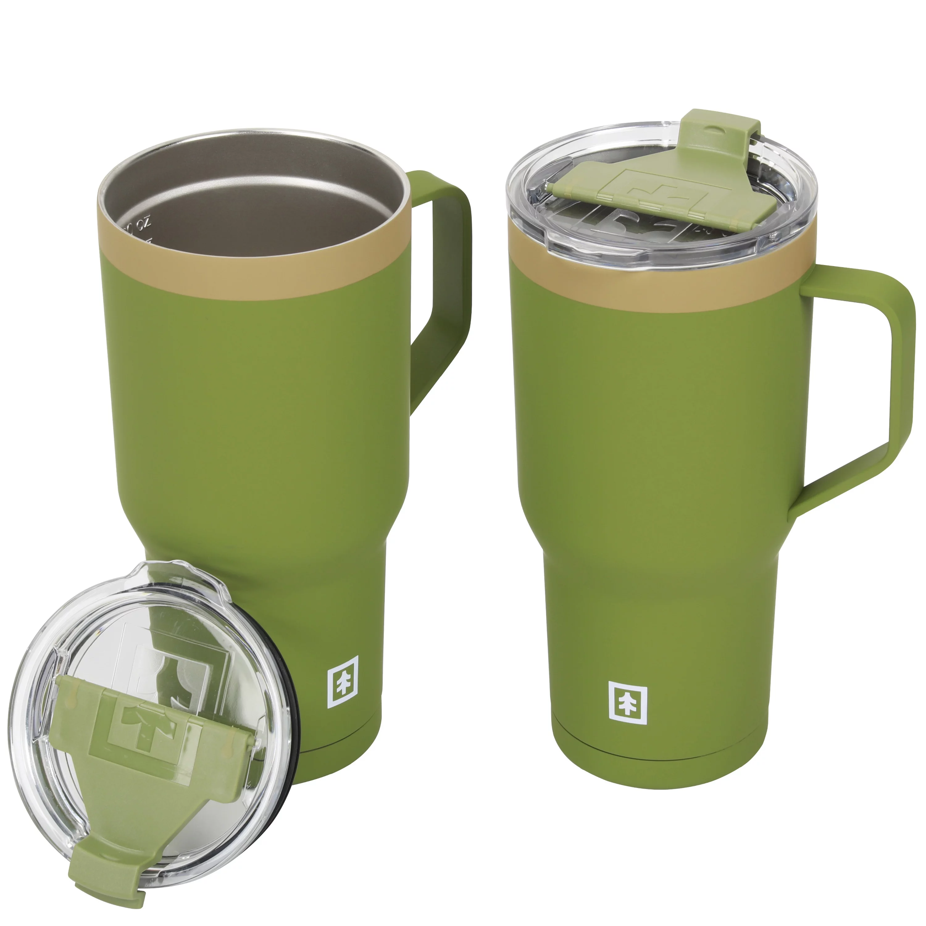 Swiss Tech Stainless Steel Insulated Tumbler with Mug Handle and Leakproof Locking Lid 30oz, 2-Pack, Soft Touch Green
