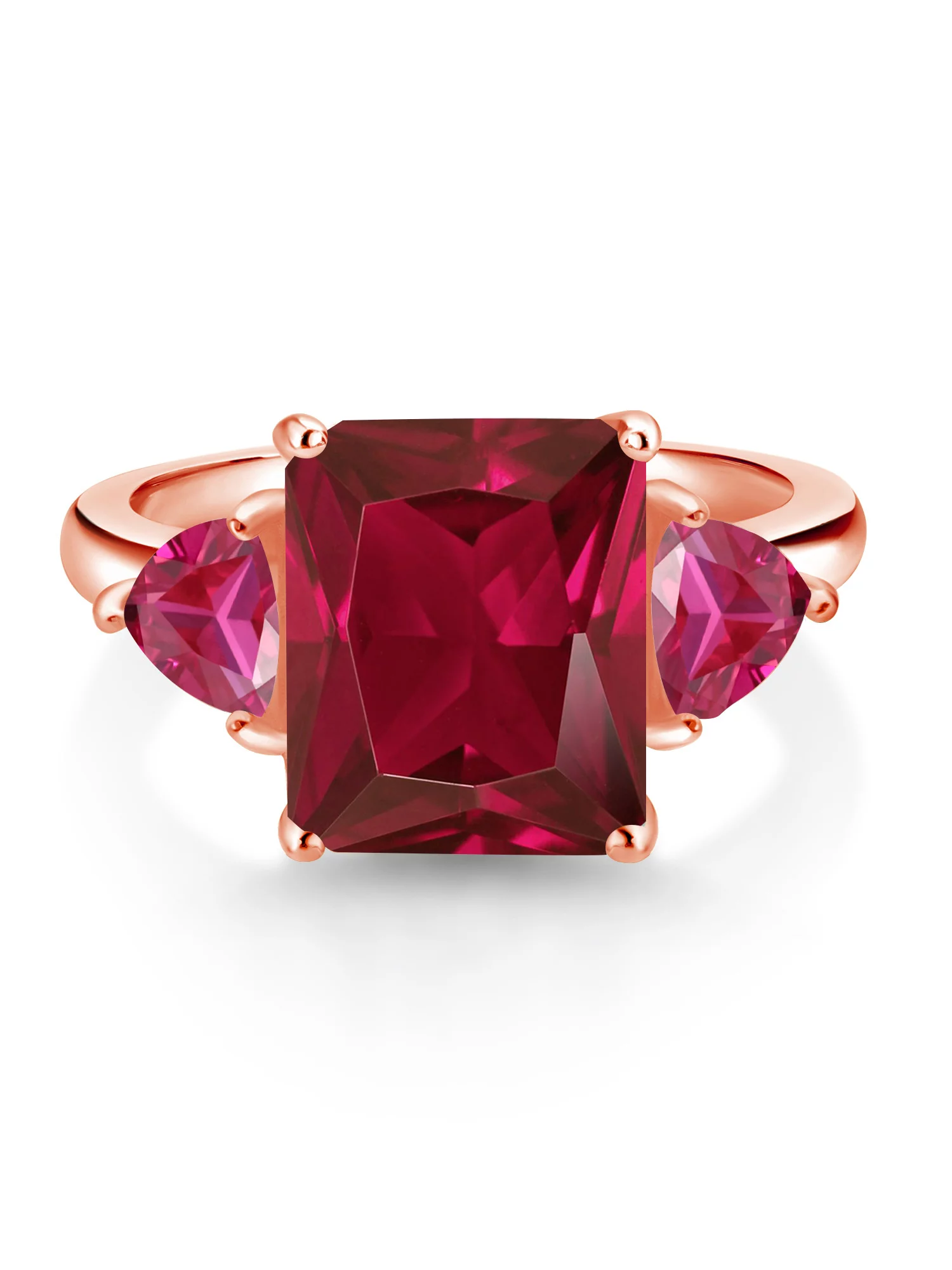 Gem Stone King 18K Rose Gold Plated Silver Red Created Ruby 3 Stone Ring For Women (6.56 Cttw, Octagon 12X10MM, Trillion 5X5MM, Gemstone July Birthstone, Size 7)