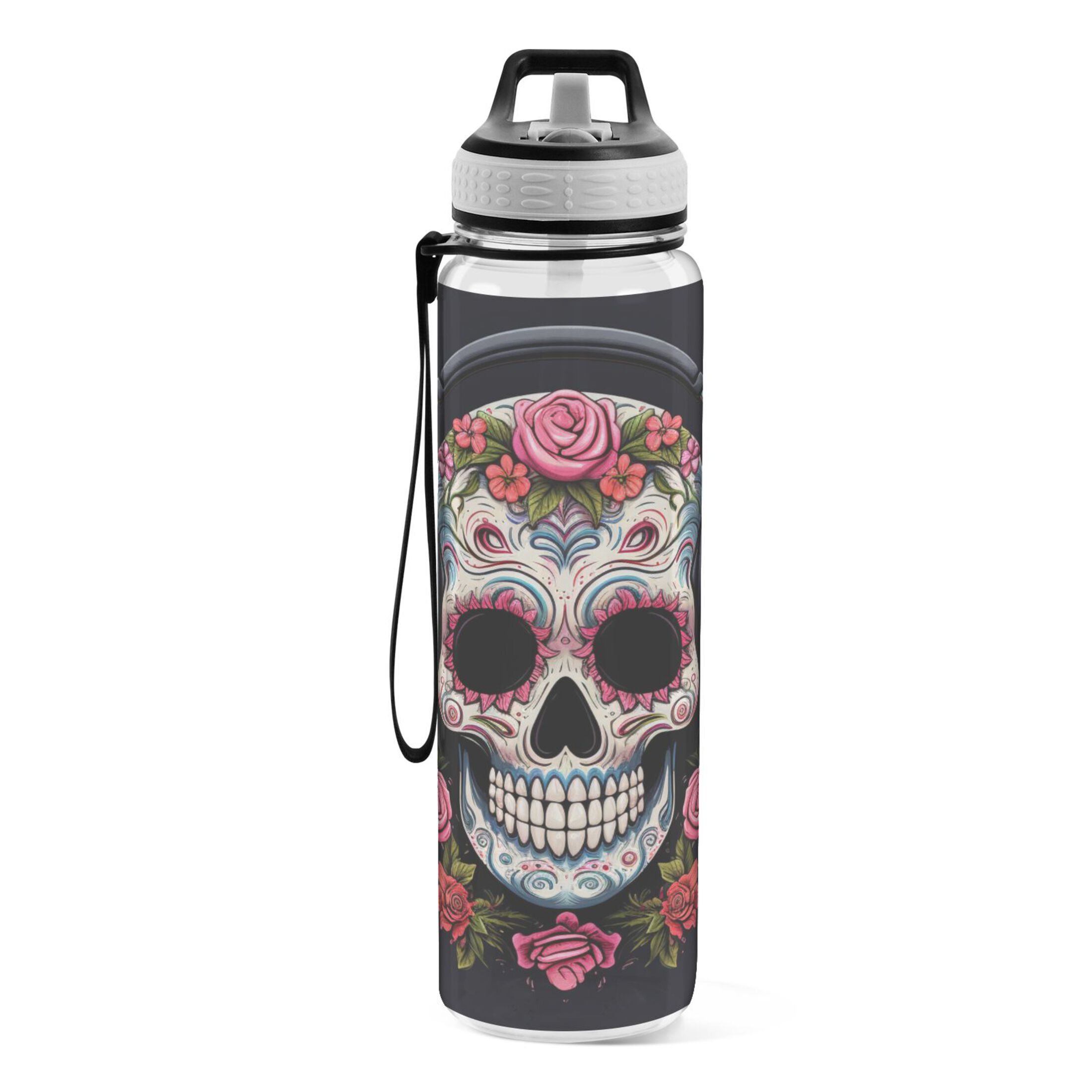 Magic Skeleton Floral Listening Music 32oz Sports Water Bottles Leakproof Tritan Bottle with Straw BPA Free Clear Bottle for Fitness Gym Outdoor Cycling