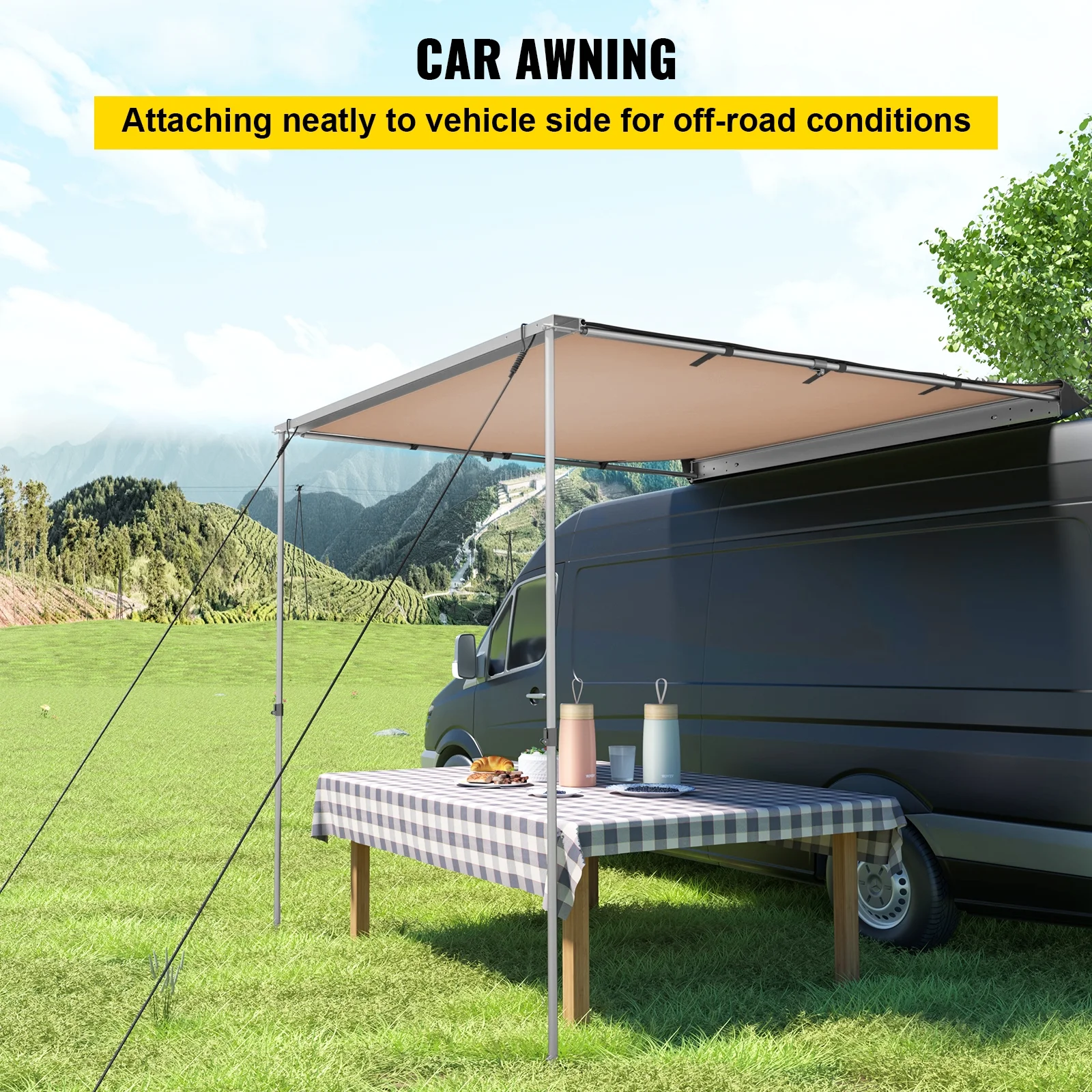 VEVOR Car Side Awning, 6.5'x6.5', Pull-Out Retractable Vehicle Awning Waterproof UV50+, Telescoping Poles Trailer Sunshade Rooftop Tent w/Carry Bag for Jeep/SUV/Truck/Van Outdoor Camping Travel, Khaki