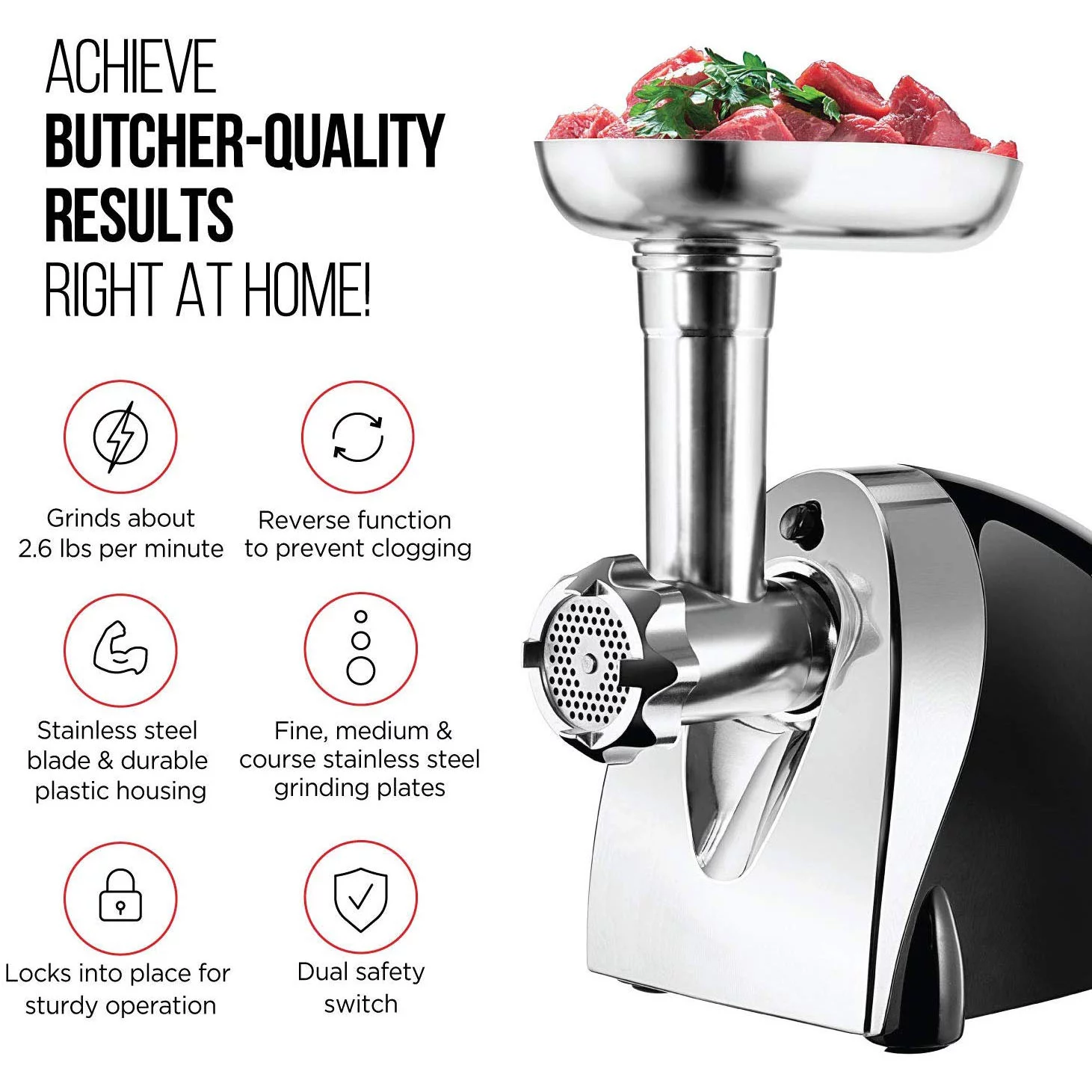 Chefman Choice Cut Electric Meat Grinder with 3 Stainless Steel Grinding Plates