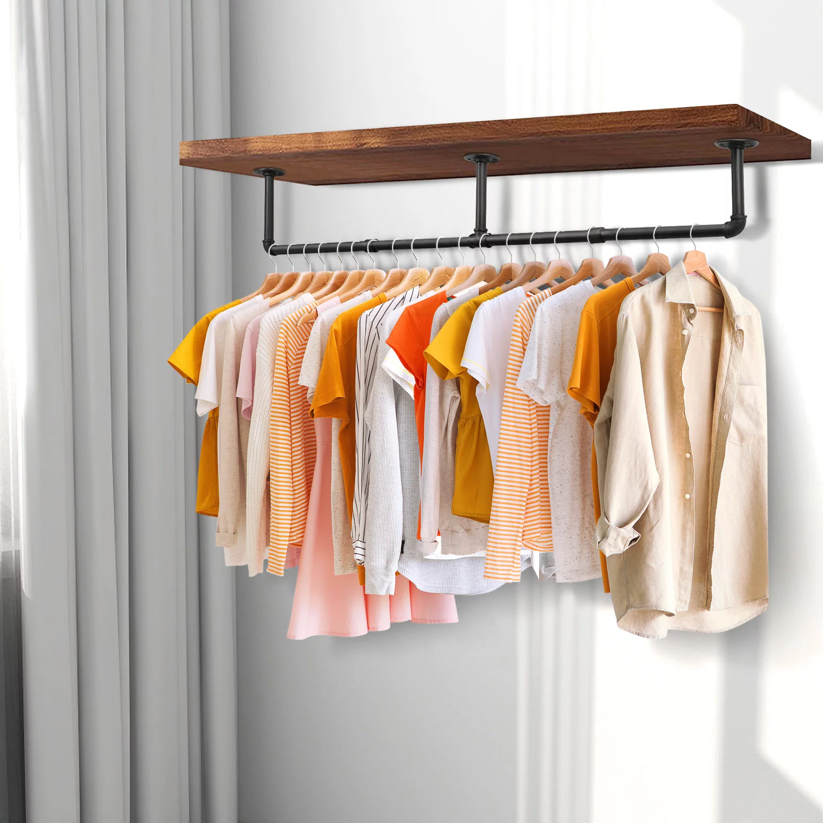 Industrial Pipe 72'' L Clothes Rack, Wall Mounted Heavy Duty Metal Garment Display Hanging Rod Bar, Max Load 135lbs (Black)