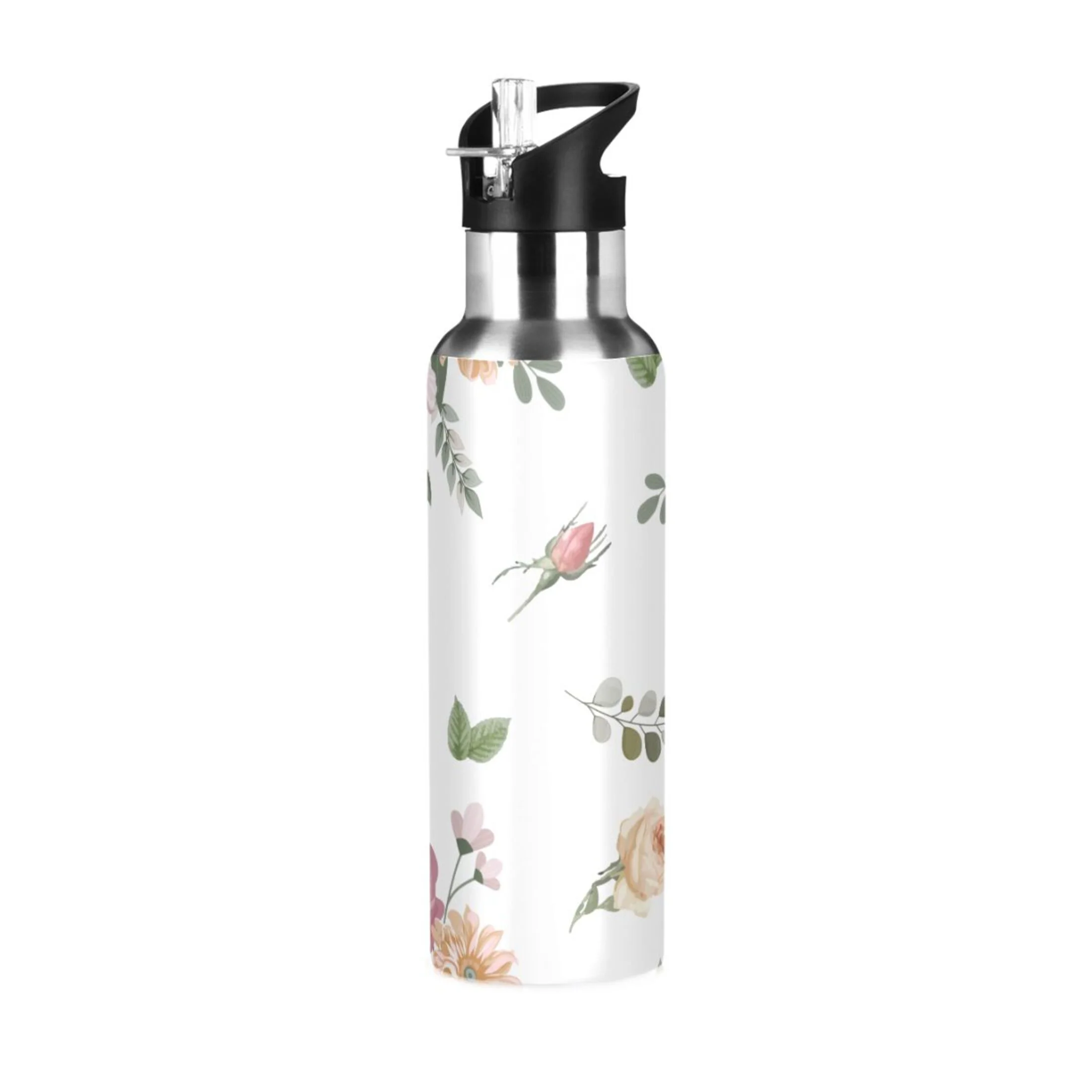 Water Bottle with Straw Lid Leak Beautiful Watercolour Flower Stainless Steel Insulated Thermos Vacuum Flask for Cold Hot Drinking for Sports Camping Gym Yoga