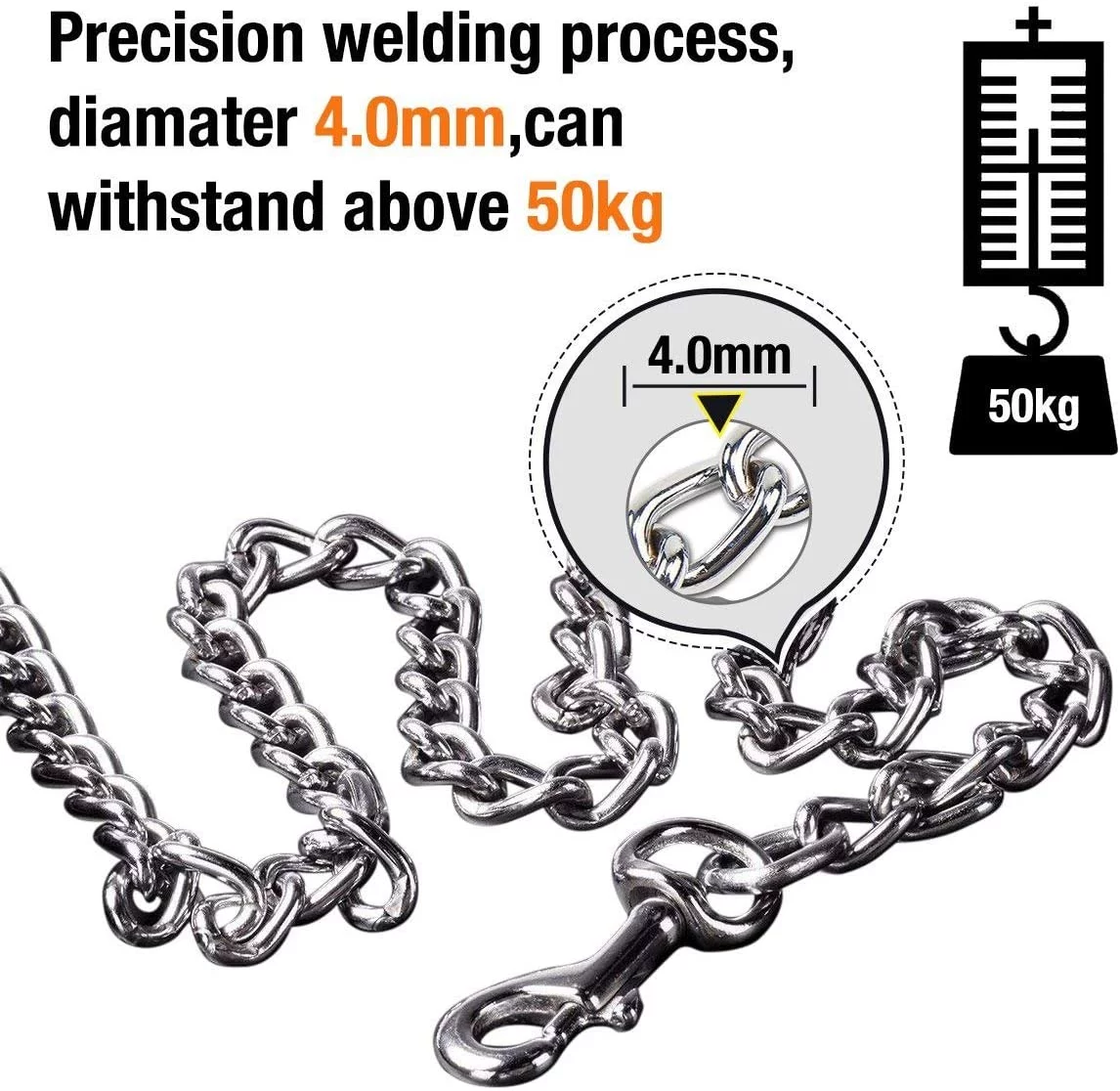 Chrome Plated Metal Dog Leash Chain Lead Heavy Duty Chew Proof Leash with Padded Handle Walking Traffic Training Traveling，6'/4.0mm Large Chain