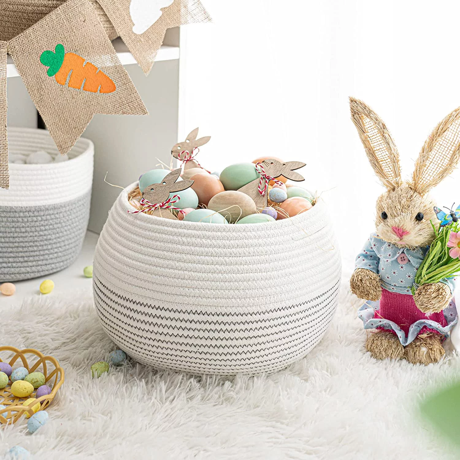 Goodpick Cute Round Basket Cotton Rope Basket in Living Room Woven Towel Basket Bathroom Cat Toy Storage Basket for Children Corner Plant Basket Shelf Indoor, White, 10