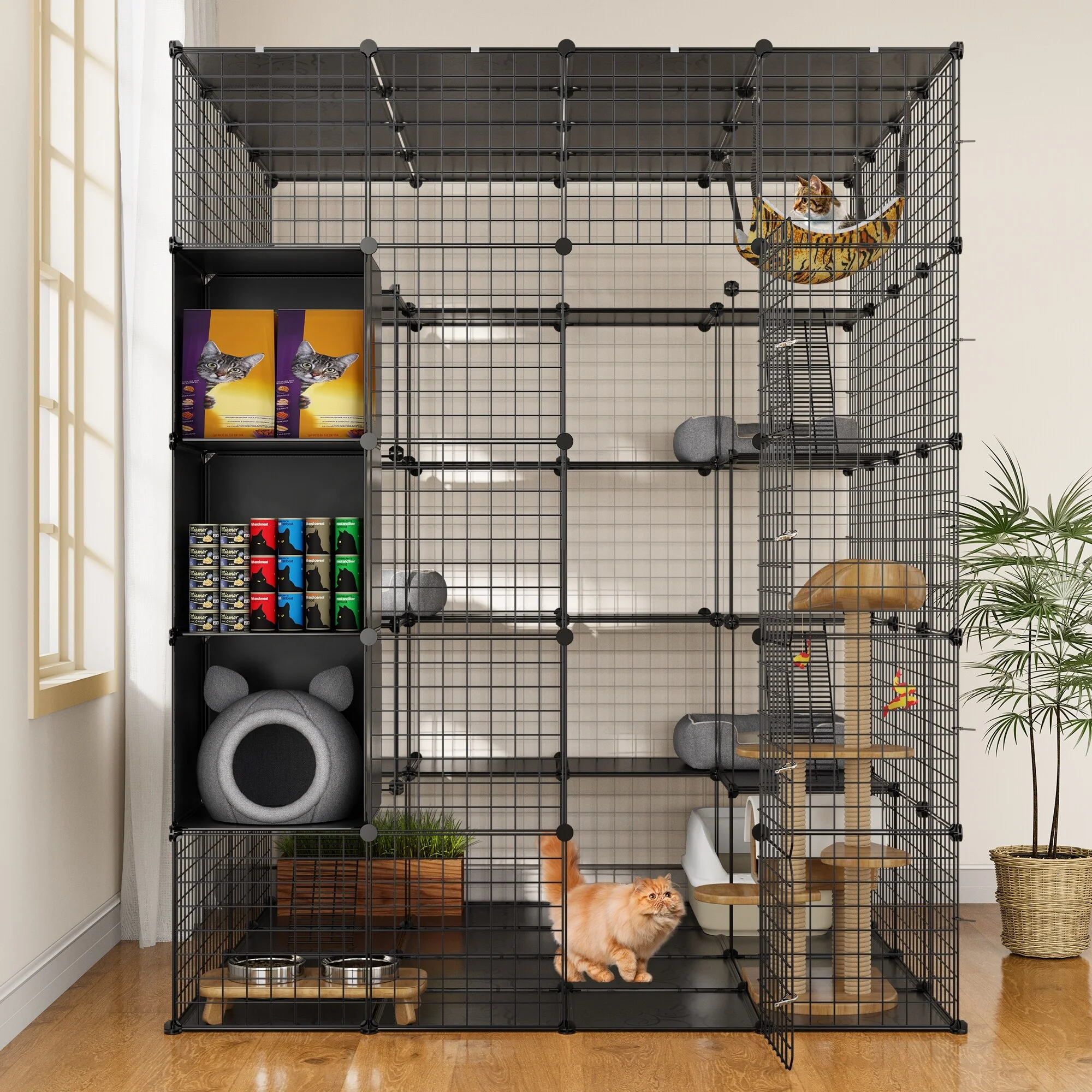 Large Cat Cage with Storage Cube DIY Indoor Catio Metal Cat Playpen with Hammock Platforms for 1-4 Cats 5 Tiers Cat Kennel