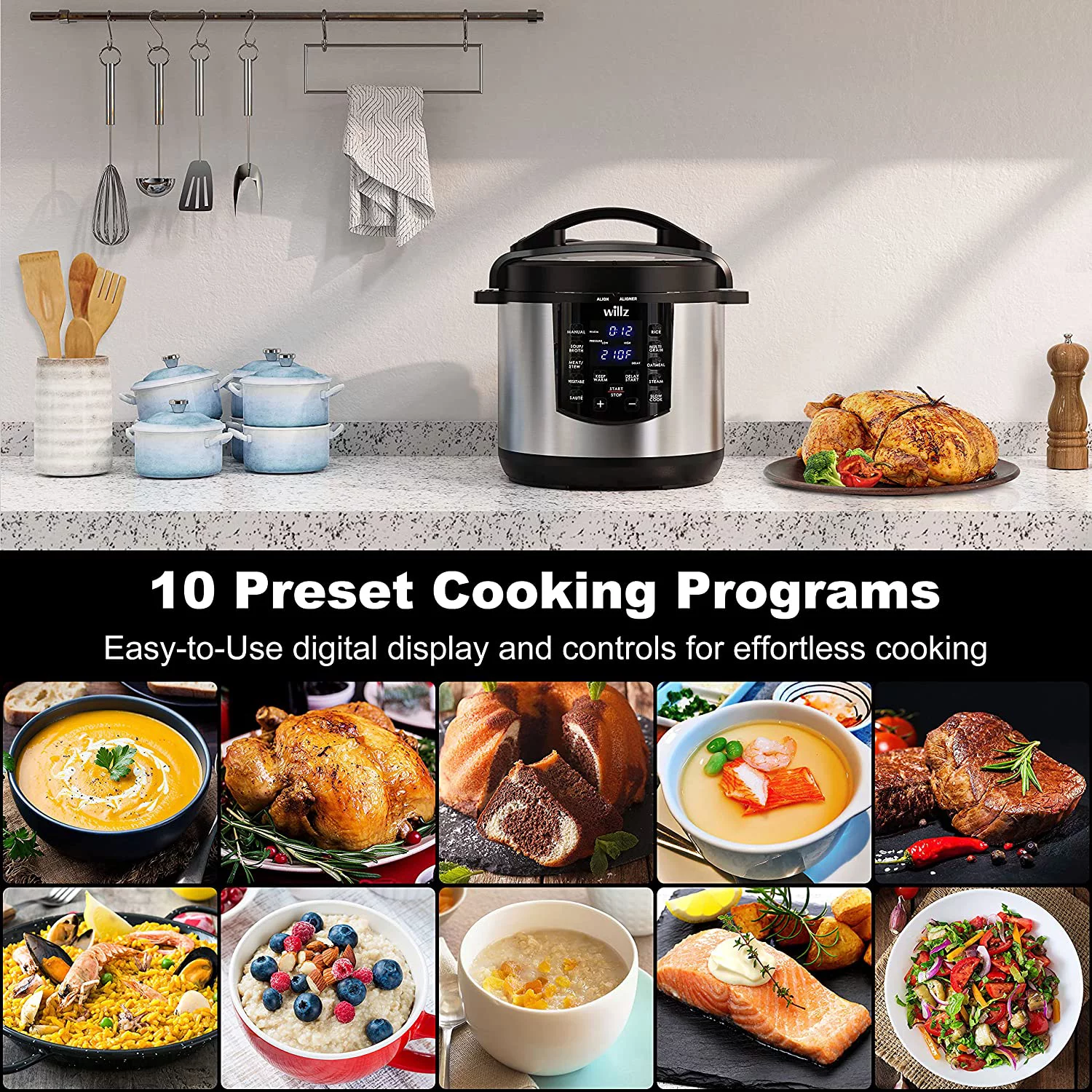 Willz 6-in-1 Multi-Use Programmable Pressure Cooker, Slow Cooker, Rice Cooker, Steamer, Saut, & Food Warmer, 6 Qt, Stainless Steel
