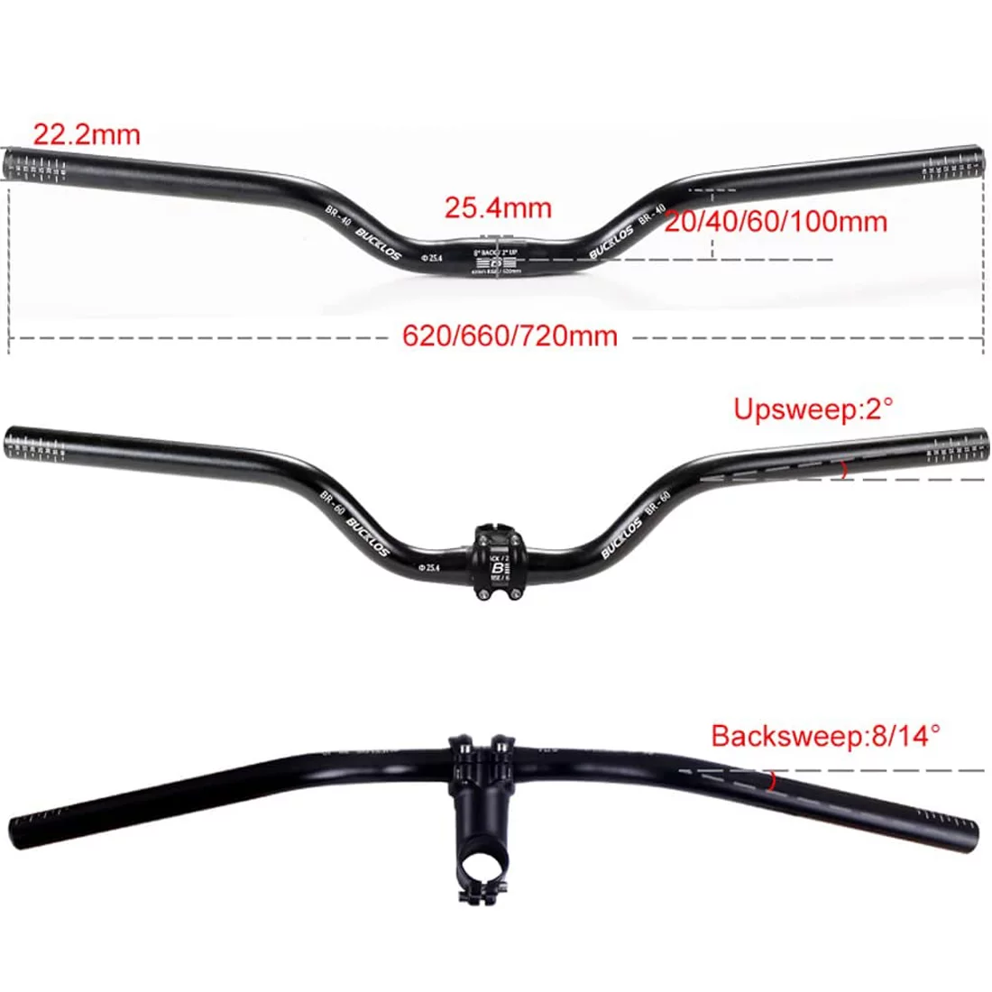 BUCKLOS Mountain Bike Handlebars 25.4mm Rise 20/40/60/100mm Aluminum Alloy MTB Riser Handlebars