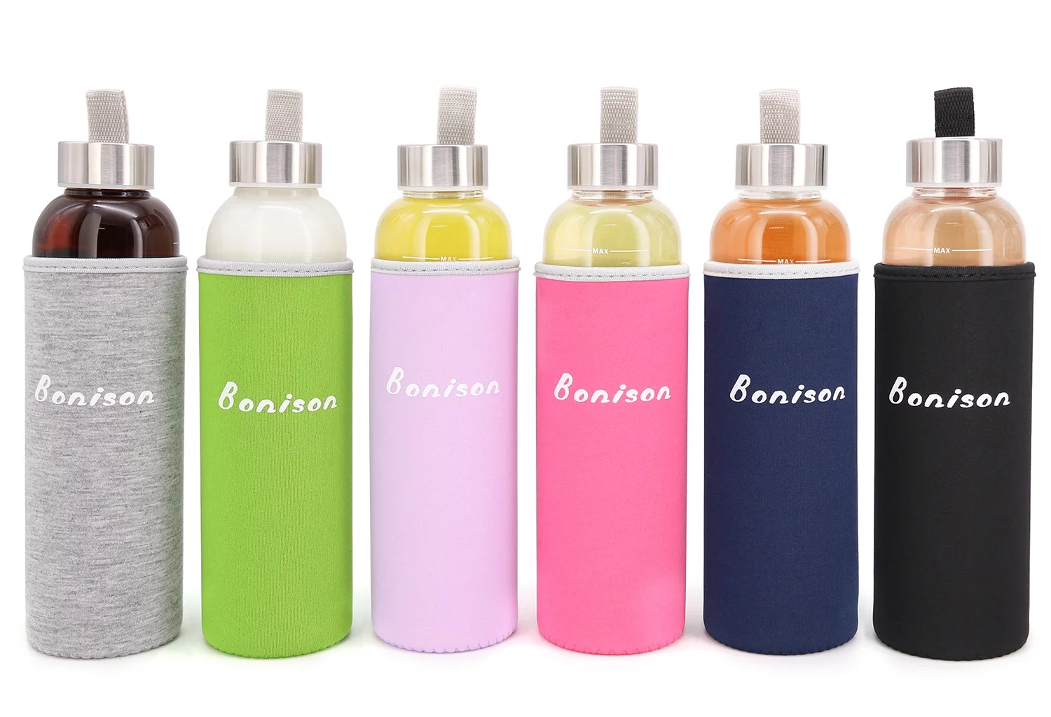 Set of 6 Newest 18.5 Oz Borosilicate Glass Water Bottle with Colorful Nylon Sleeve, Extra Thick Base, BPA Free, Crystal Clear, Trendy Design.