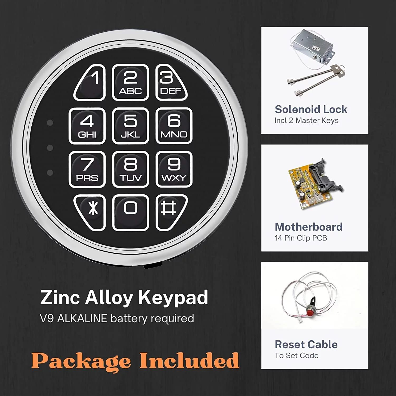 WAH LIN PARTS Gun Safe lock Replacement with Solenoid Lock & 2 Override Keys Chrome Keypad DIY Safe Electronic Lock, Reset Cable, Circuit Board Lock