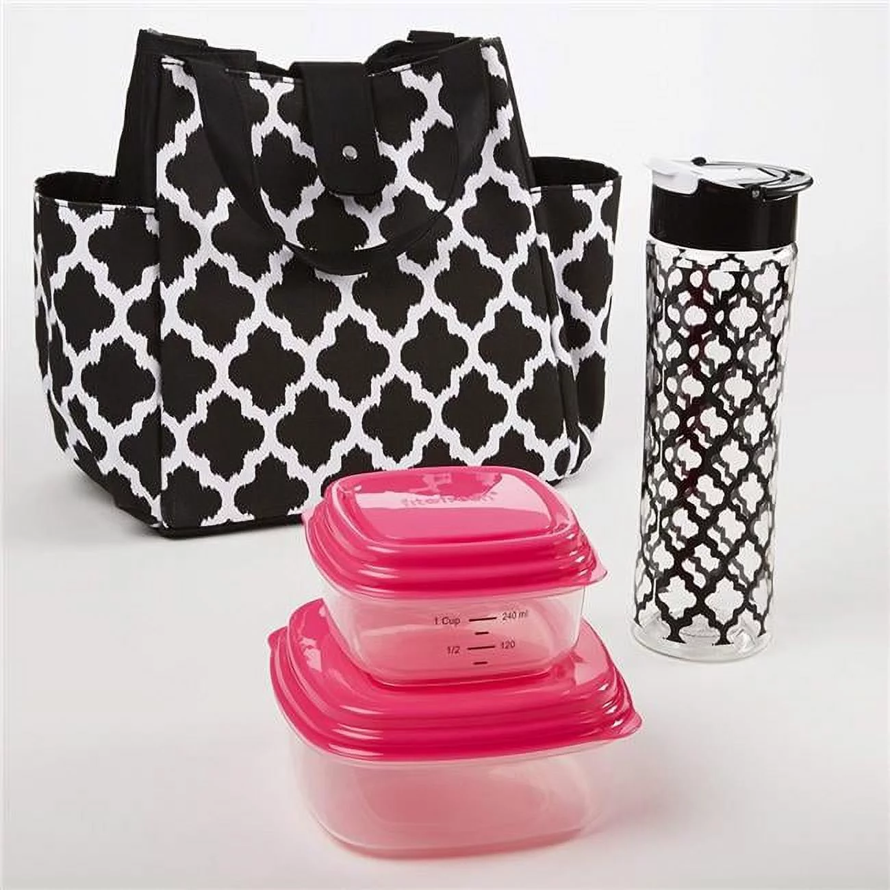Medport 989FF456 Insulated Designer Lunch Bag Kit with Fresh Selects Container Set & Patterned Water Bottle
