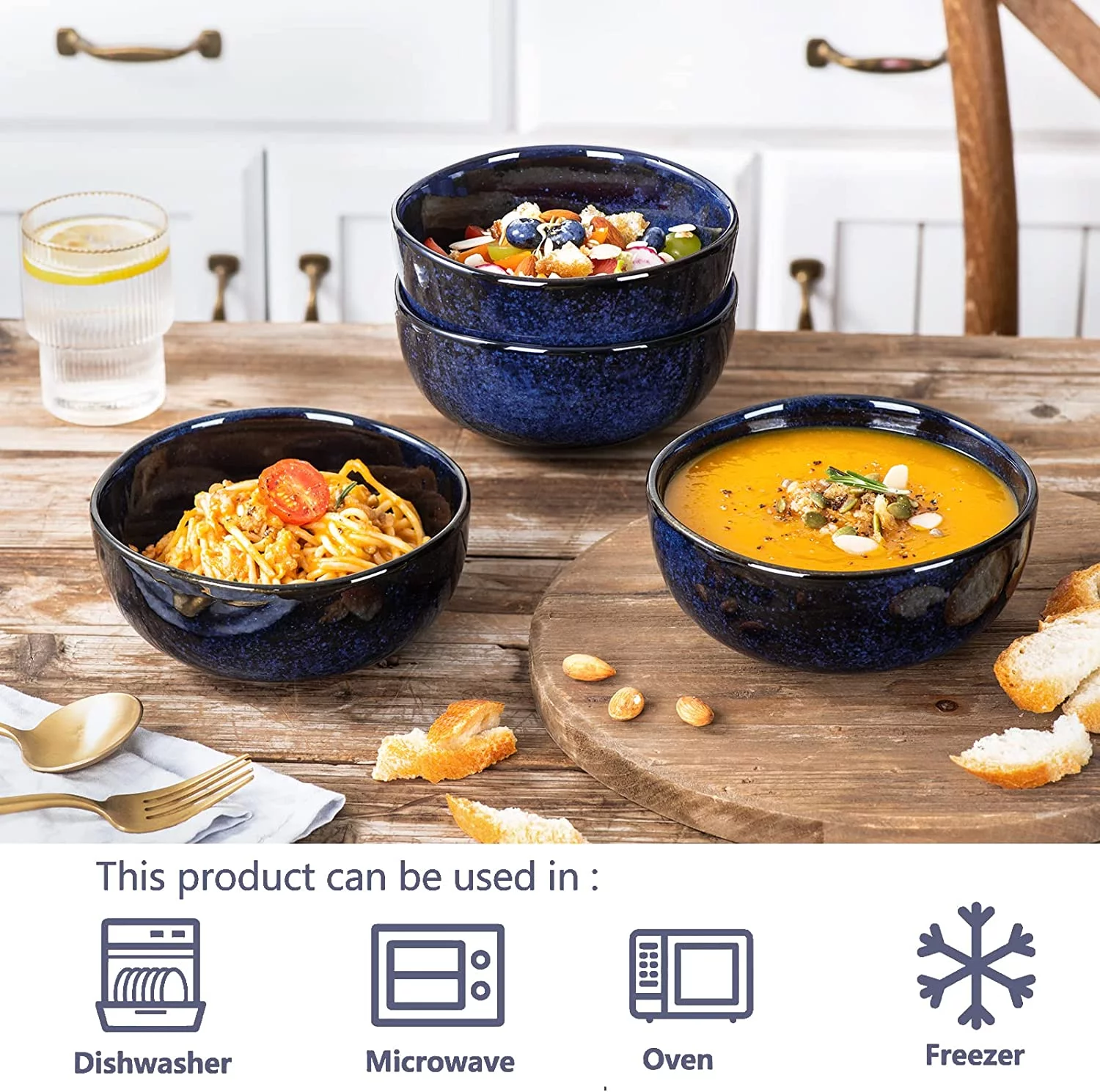 Vicrays Ceramic Cereal Bowls Set - Porcelain 26 Ounce Soup Salad Bowls Set - Rice Dessert Cream Bowls Set - Chip Resistant Dishwasher Microwave Safe - Set of 6 (Blue)