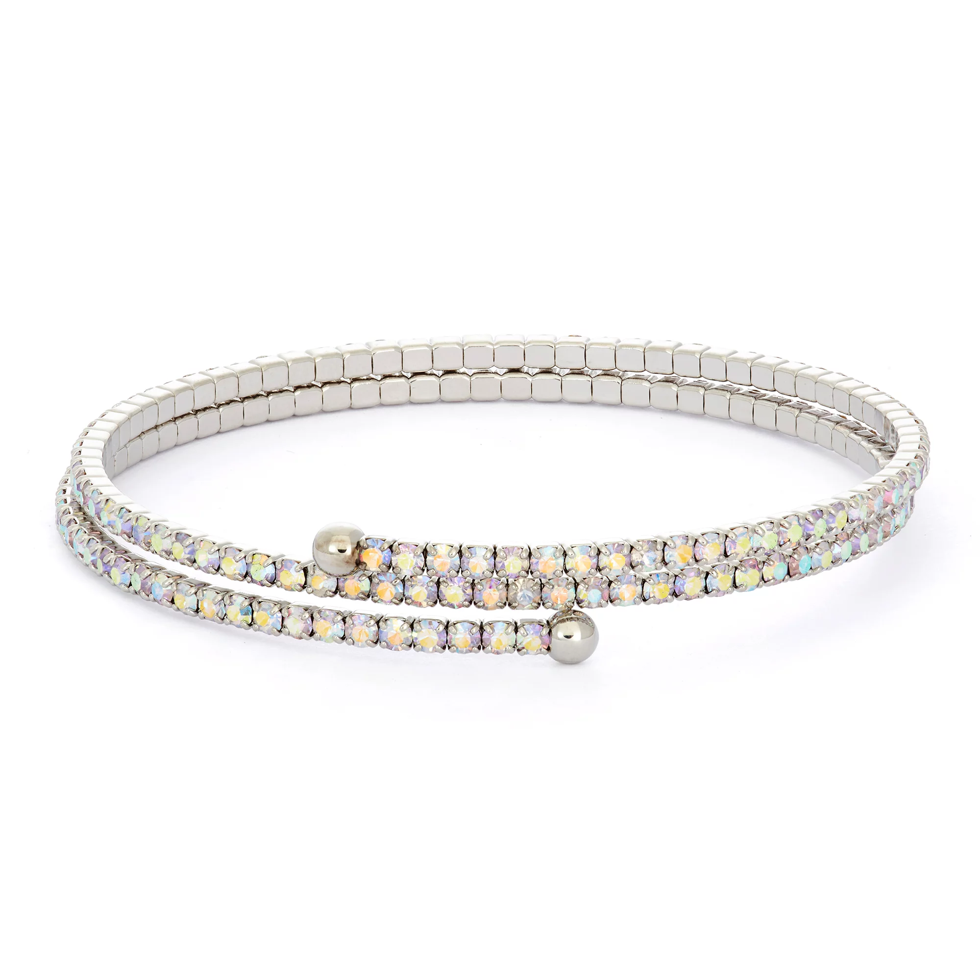 X & O Women's Double Row Silver Plated Flex Bangle with Aurora Crystals