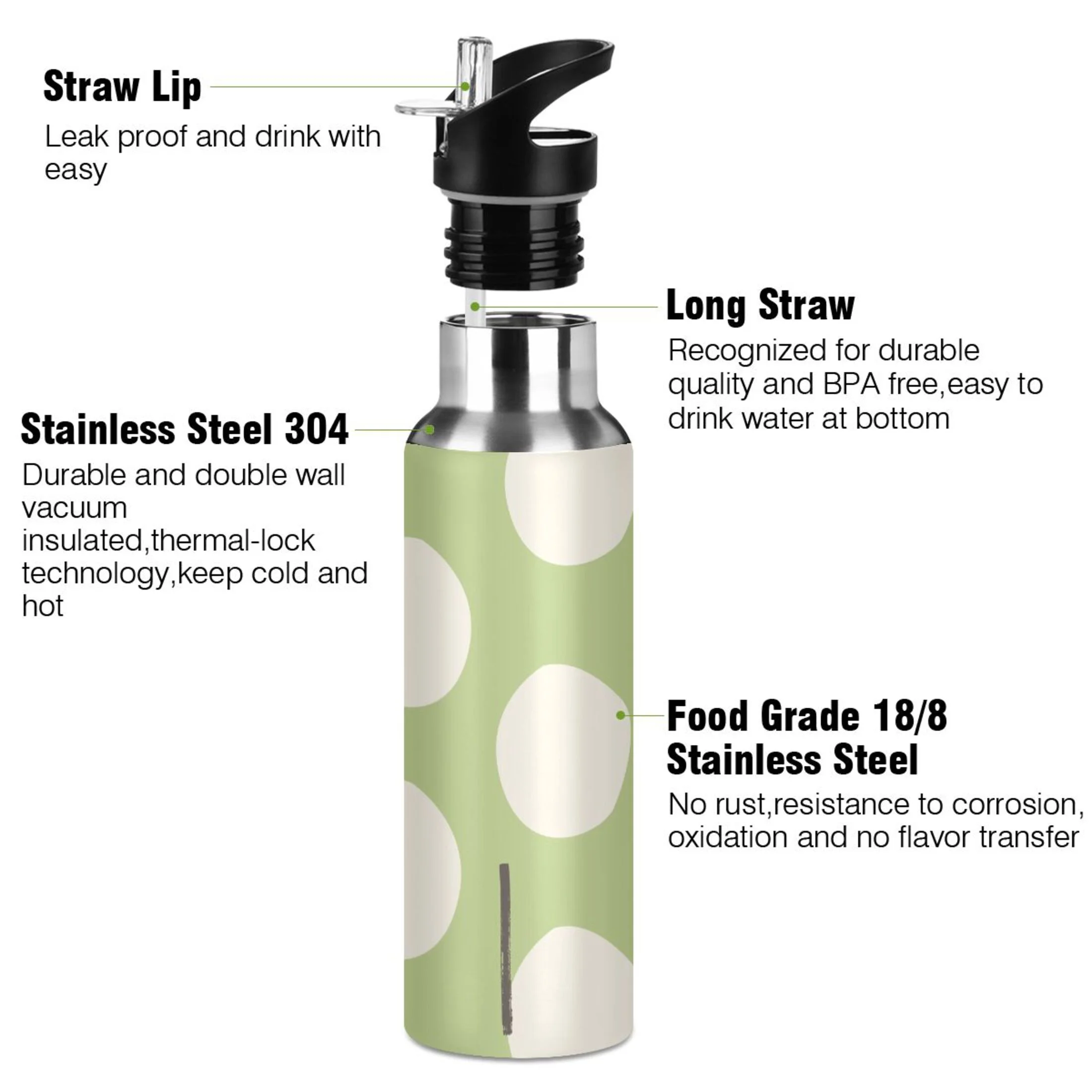 Water Bottle with Straw Lid Leak Green Polka Dot Line Stainless Steel Insulated Thermos Vacuum Flask for Cold Hot Drinking for Sports Camping Gym Yoga