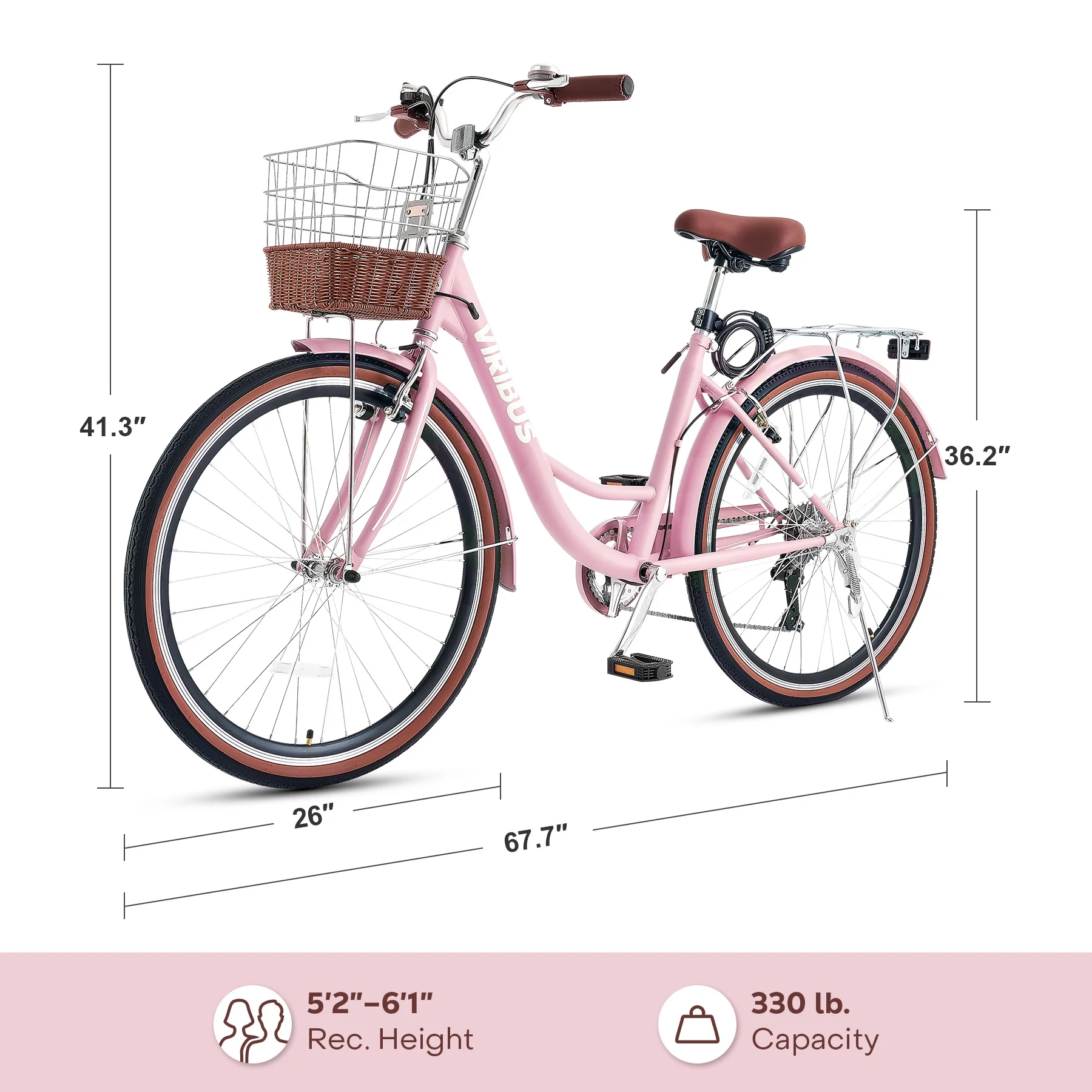Women's Bike 26 Inch Beach & City Cruiser Bicycle with 7 Speed Basket Pink