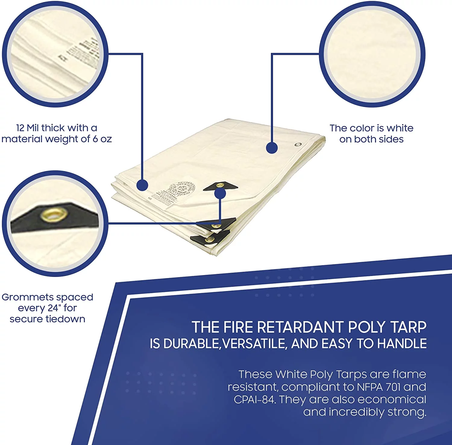 Tarps Now Waterproof Fire Retardant Poly Tarp with Grommet- White (06'x10')