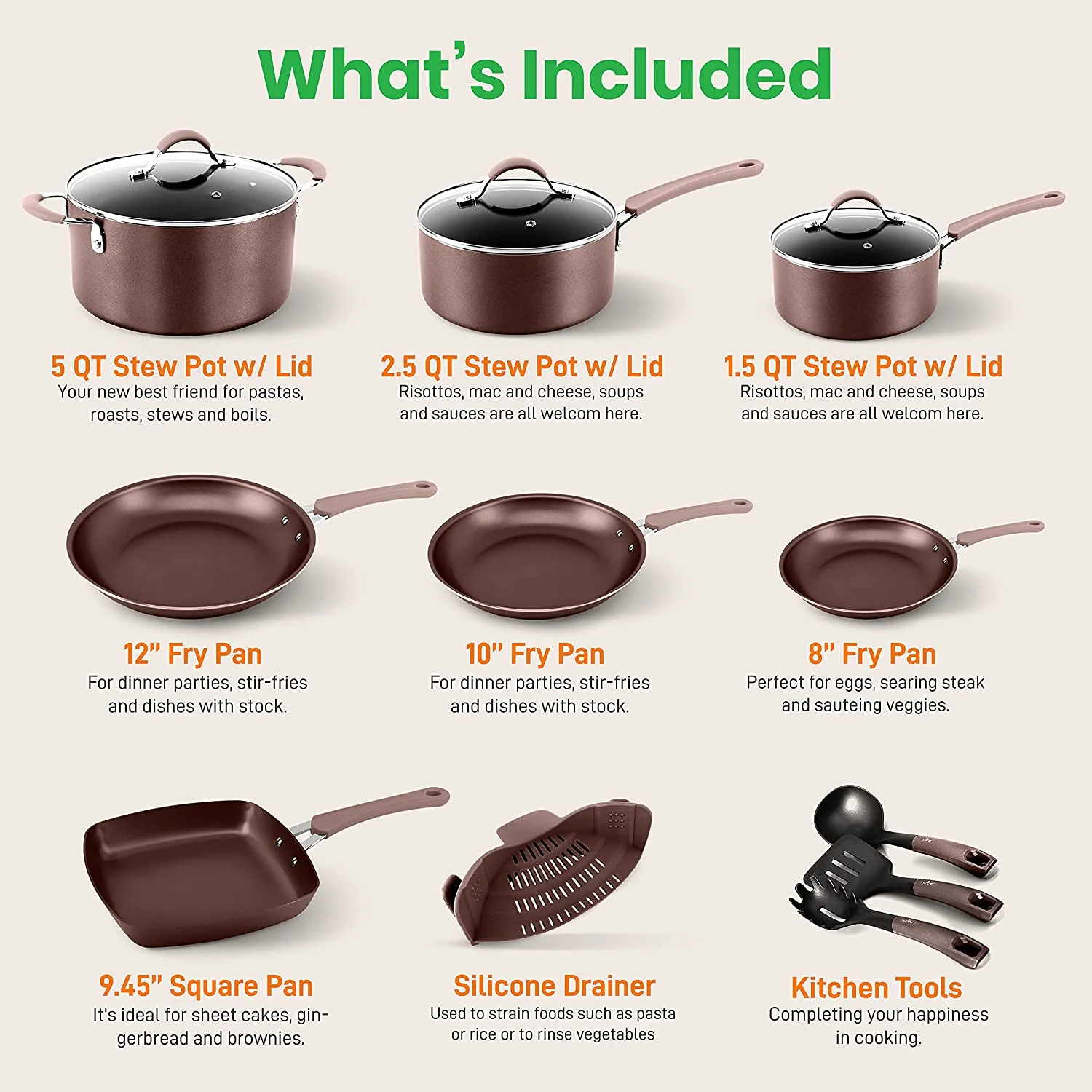 NutriChef Nonstick Cookware Pots & Pans, 14pce Set in Bronze-Aluminum