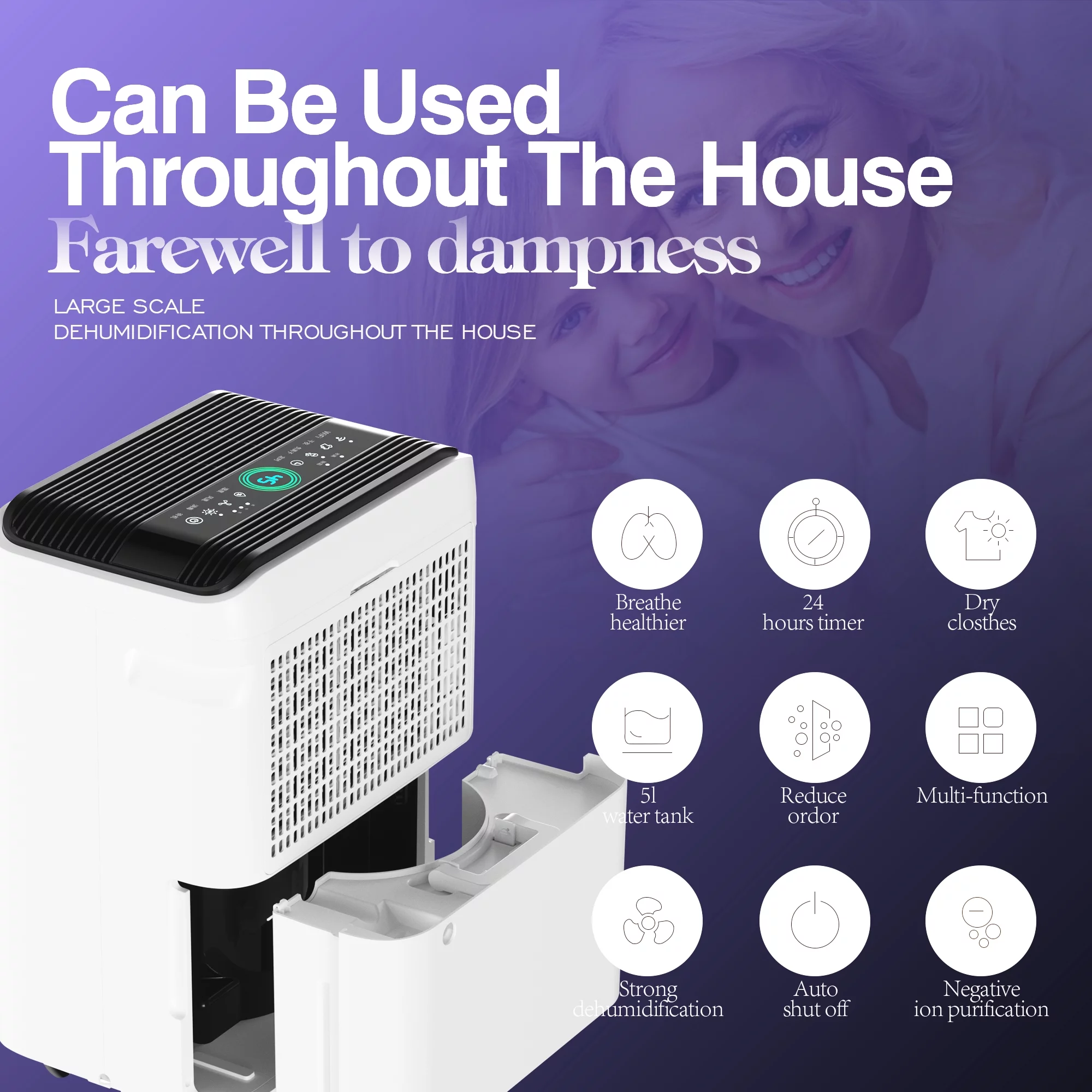 Humsure Dehumidifier 70 Pints 4500 sq ft Large Household, Equipped With Drainage Hoses, Intelligent Touch Control, And Low Noise Dehumidifier, 24-Hour Timer