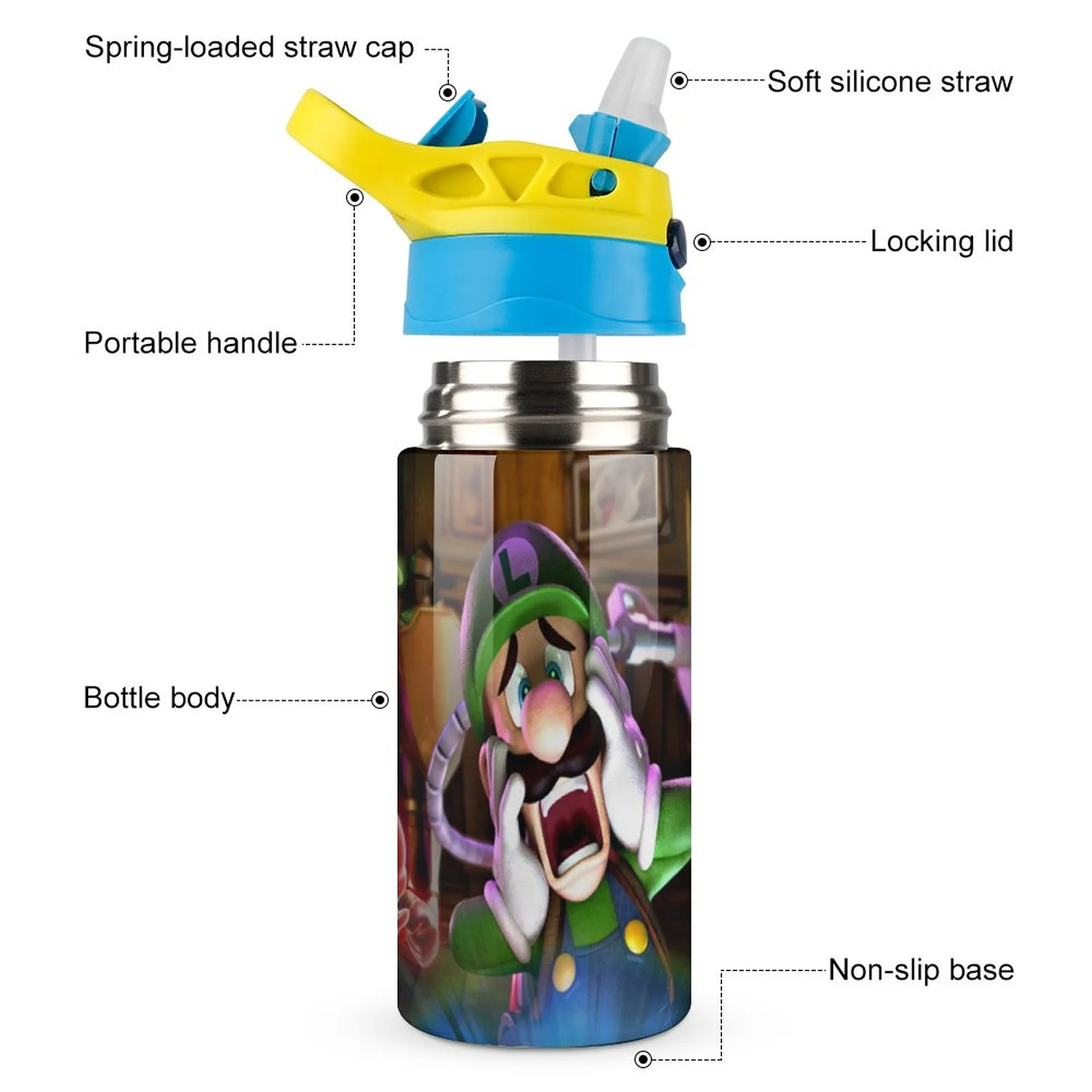 Scary Luigi's Mansion Kid's Insulated Water Bottle With Straw Vacuum Stainless Steel Cup Leak-Proof Children Toddler Thermoses