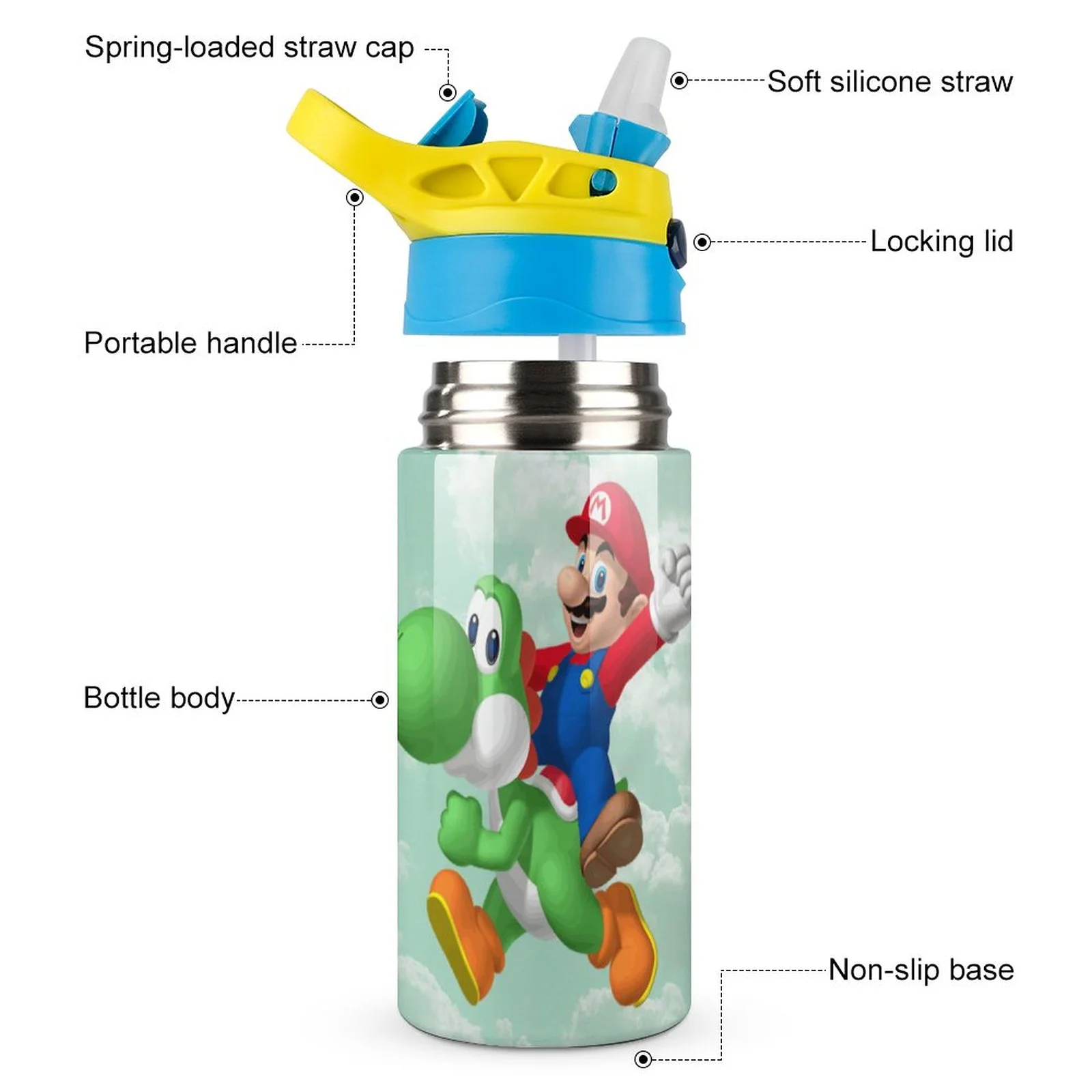 Cartoon Super Mario Kid's Insulated Water Bottle With Straw Vacuum Stainless Steel Cup Leak-Proof Children Toddler Thermoses