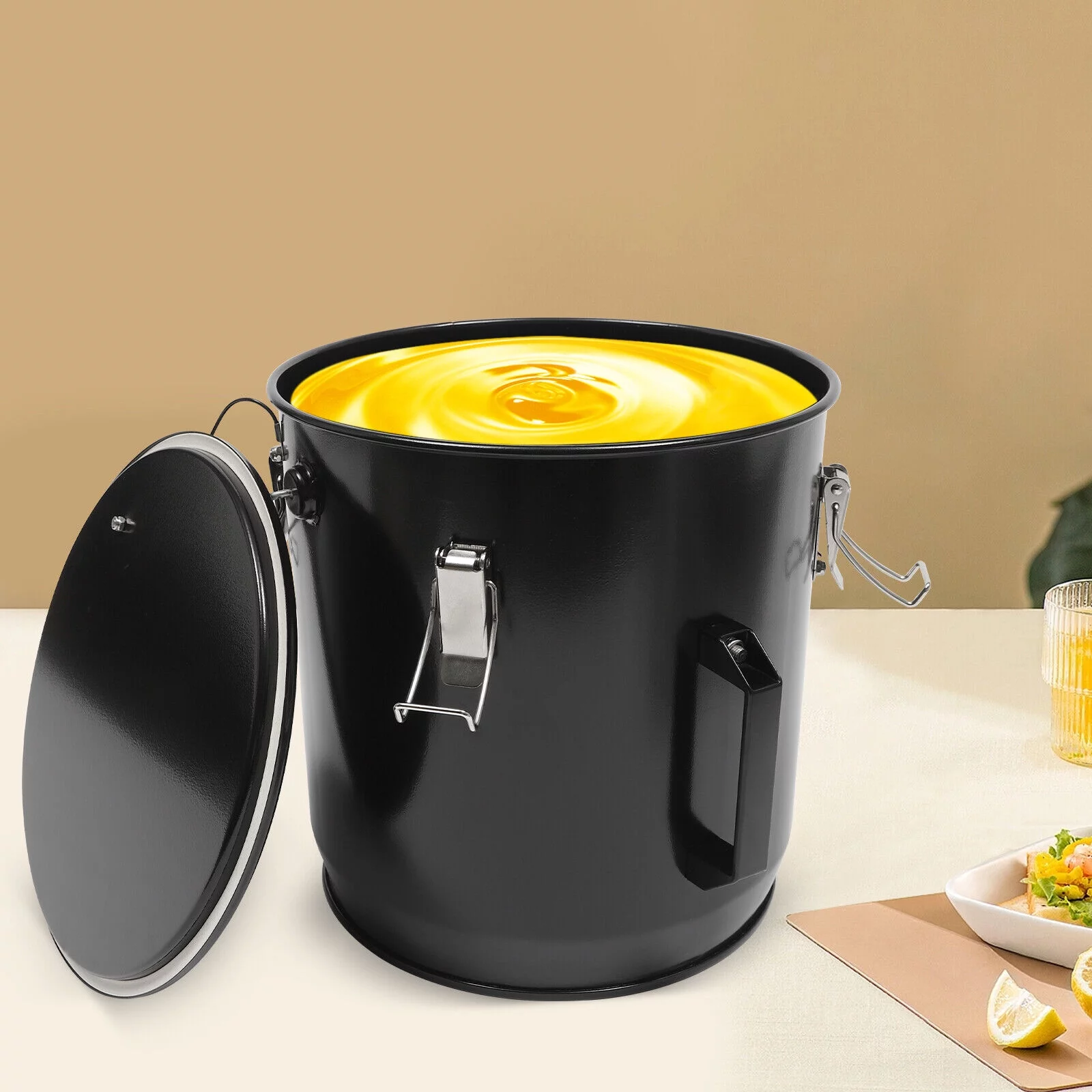 Miumaeov 6 Gallon Fryer Grease Bucket with Lid 22.71L Oil Filtering Steel Container Black