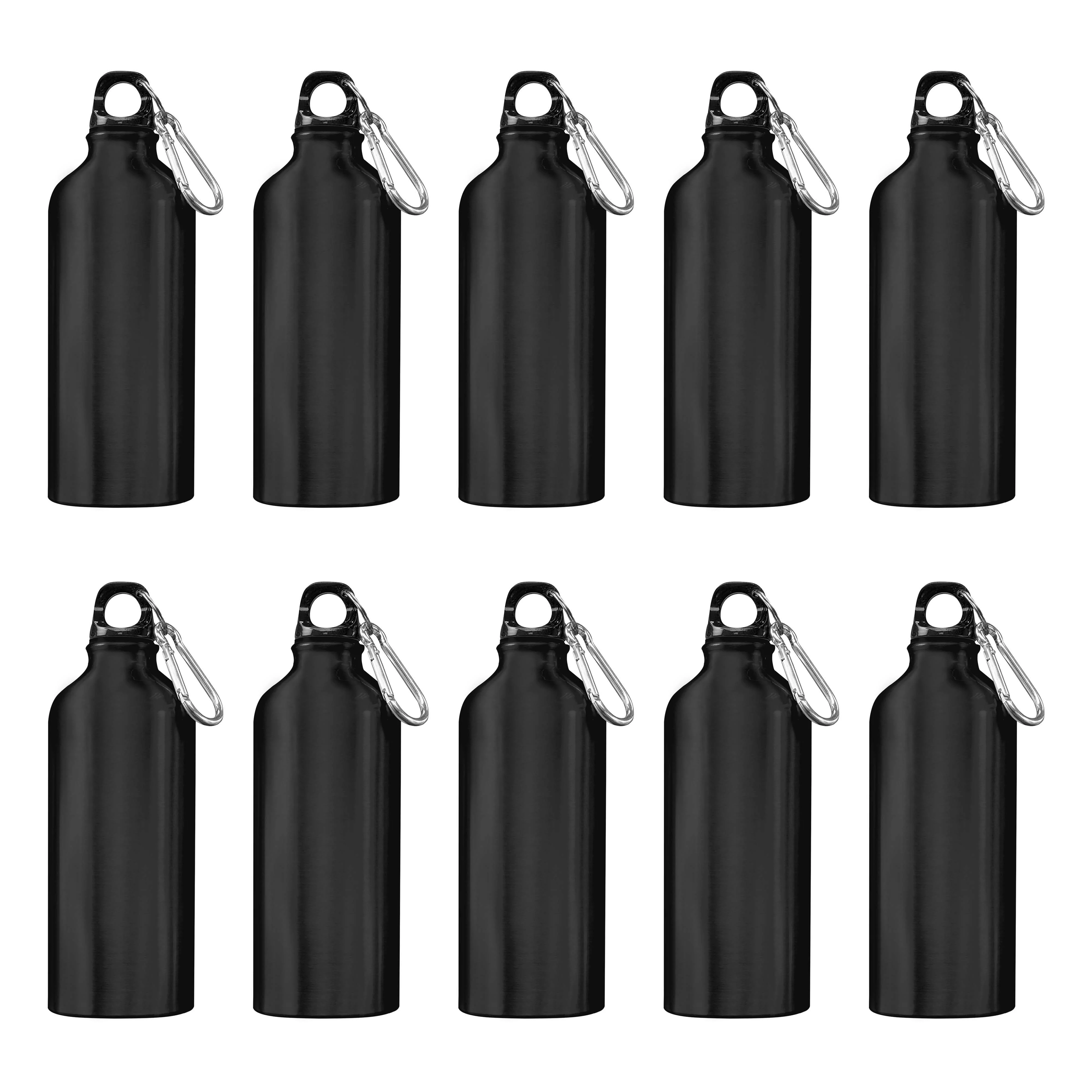 Water Bottles with Carabiner 20 oz. Set of 10, Bulk Pack - Aluminum, For School, Kids sports bottle - Black