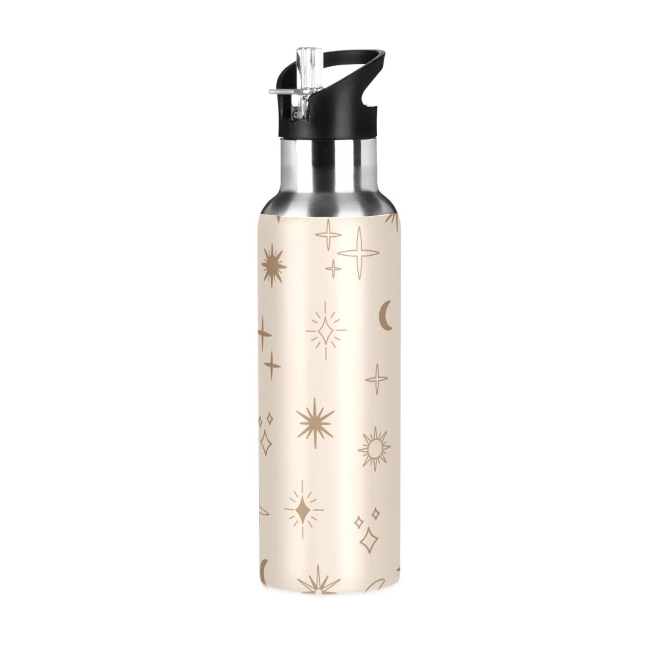 Water Bottle with Straw Lid Leak Boho Astrology Moon and Sun Star Stainless Steel Insulated Thermos Vacuum Flask for Cold Hot Drinking for Sports Camping Gym Yoga