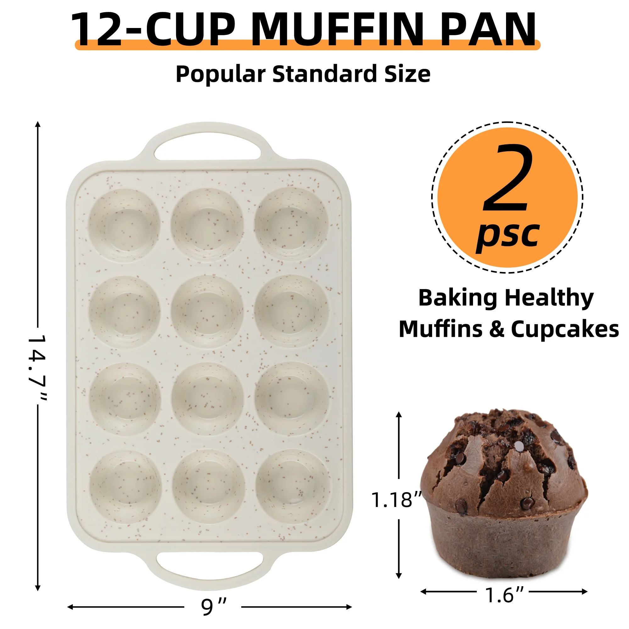 CAKETIME 2 Pcs Non-Stick Silicone Muffin Cupcake Pan, 12 Cup Regular Muffin Baking Mold With Reinforced Stainless Steel Frame Inside