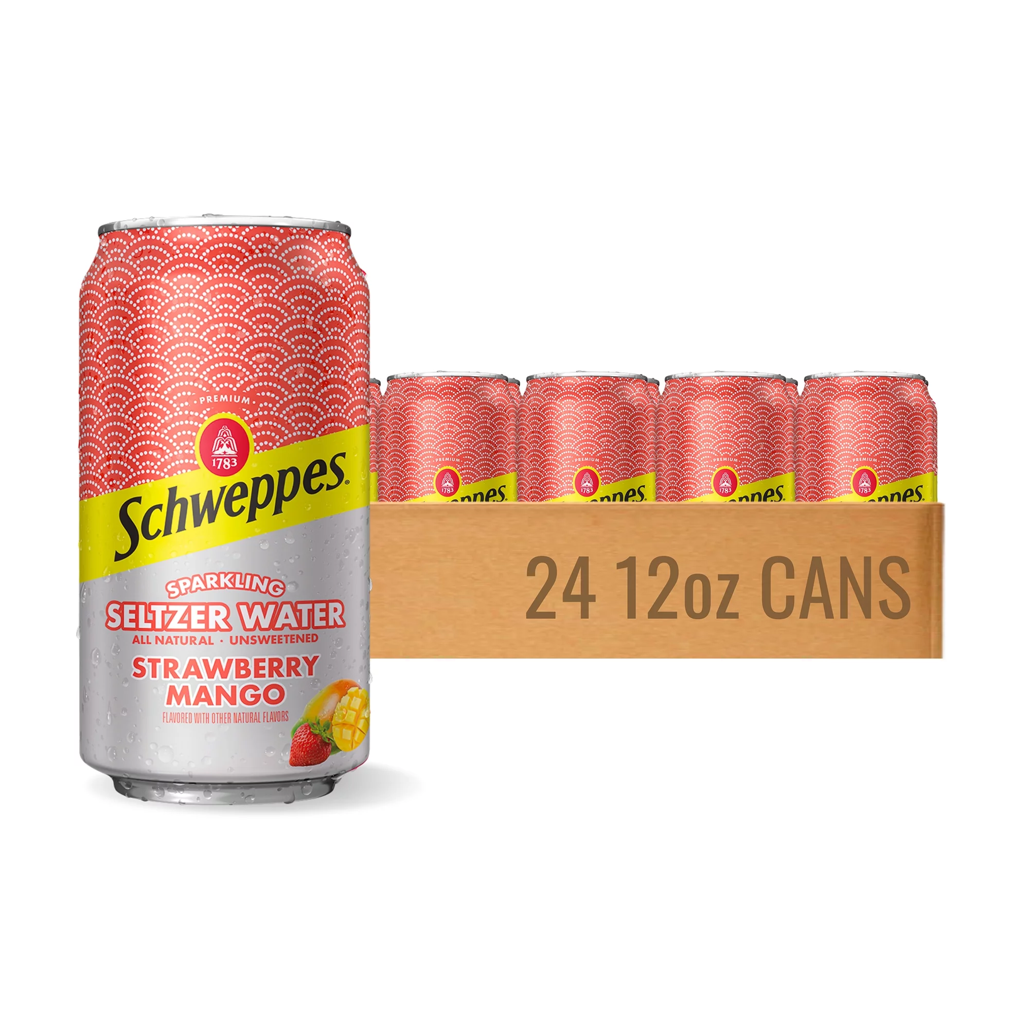 Schweppes Strawberry Mango Sparkling Seltzer Water - 24, 12oz cans - Juicy Mango Flavor - Perfect Alone or Mixed - 24 Pack