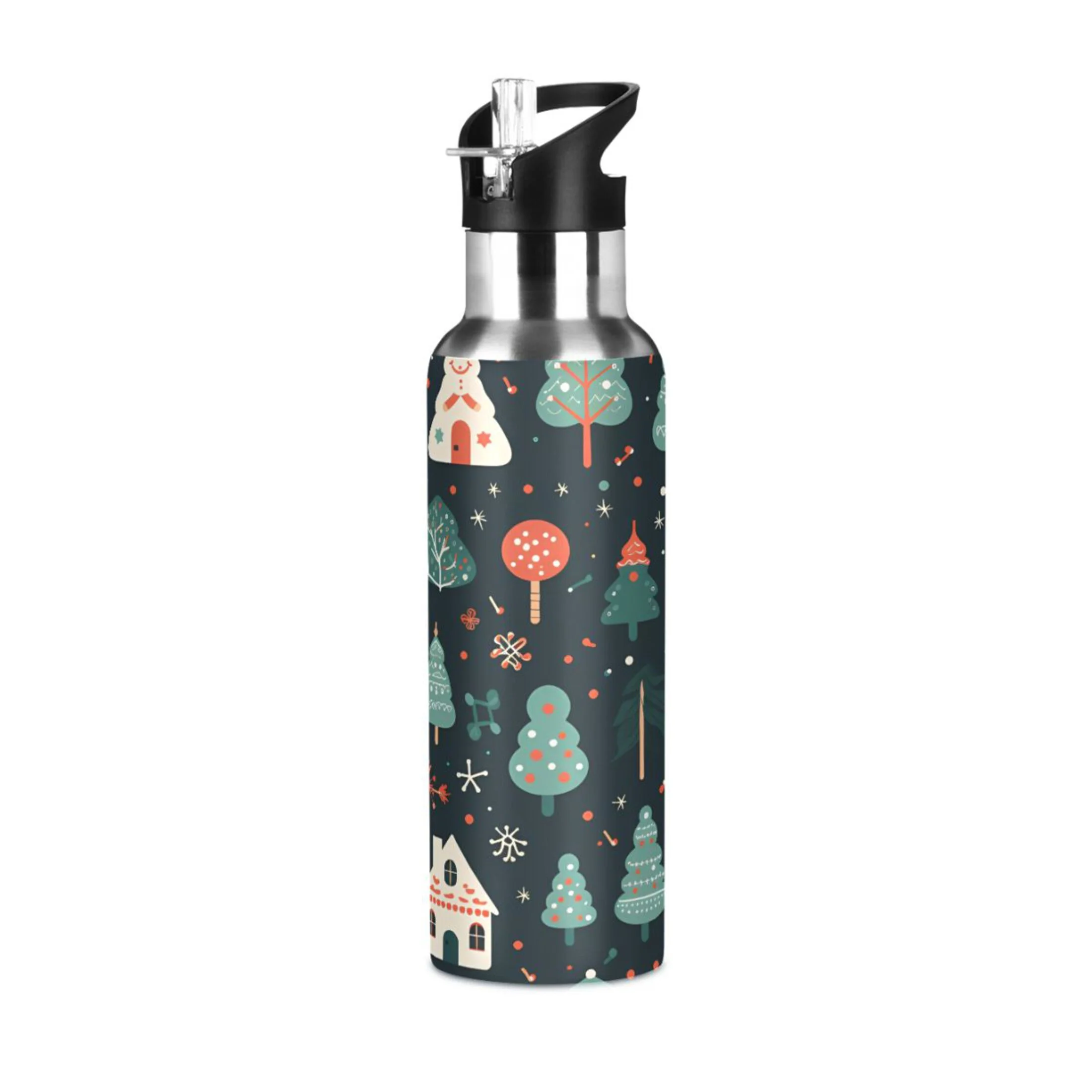 Water Bottle with Straw Lid Leak Trees Cute House Stainless Steel Insulated Thermos Vacuum Flask for Cold Hot Drinking for Sports Camping Gym Yoga