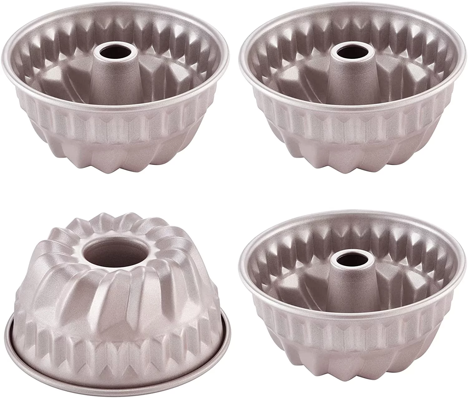 CHEFMADE Mini Bundt Pan Set, 4-Inch 4Pcs Non-Stick Tube Pan Kugelhopf Mold for Oven and Instant Pot Baking (Champagne Gold)