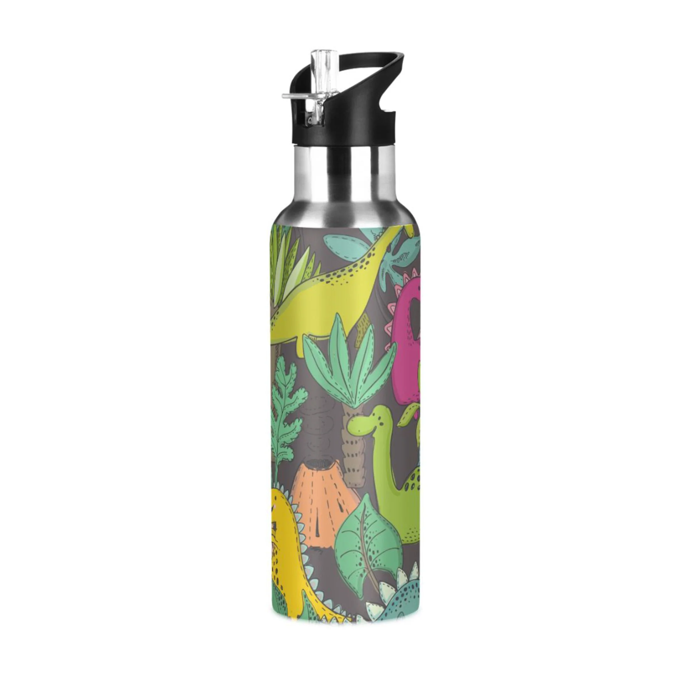 Stainless Steel Water Bottle Cartoon Dinosaur and Woods with Straw Lid Vacuum Insulated Keeps Hot and Cold Leak Proof Flask Jug for Gym Travel Sports Cycling Outdoor 20 OZ