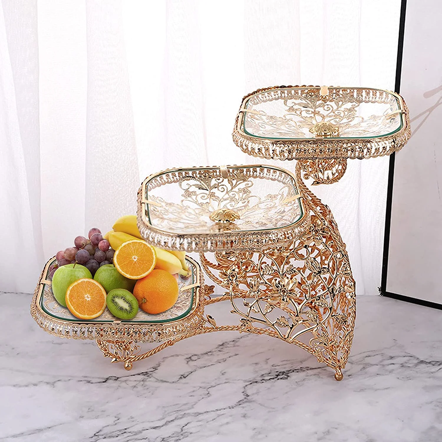 Oukaning 3 Layers Creative Design Fruit Plate Multi-Layer Cake Stand Gold Cupcake Holder Stand Fruit Candy Bowl Party Wedding