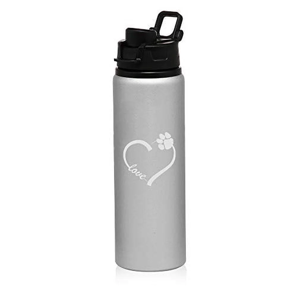 MIP Brand 25 oz Aluminum Sports Water Travel Bottle Love Heart Paw Animals (Silver)