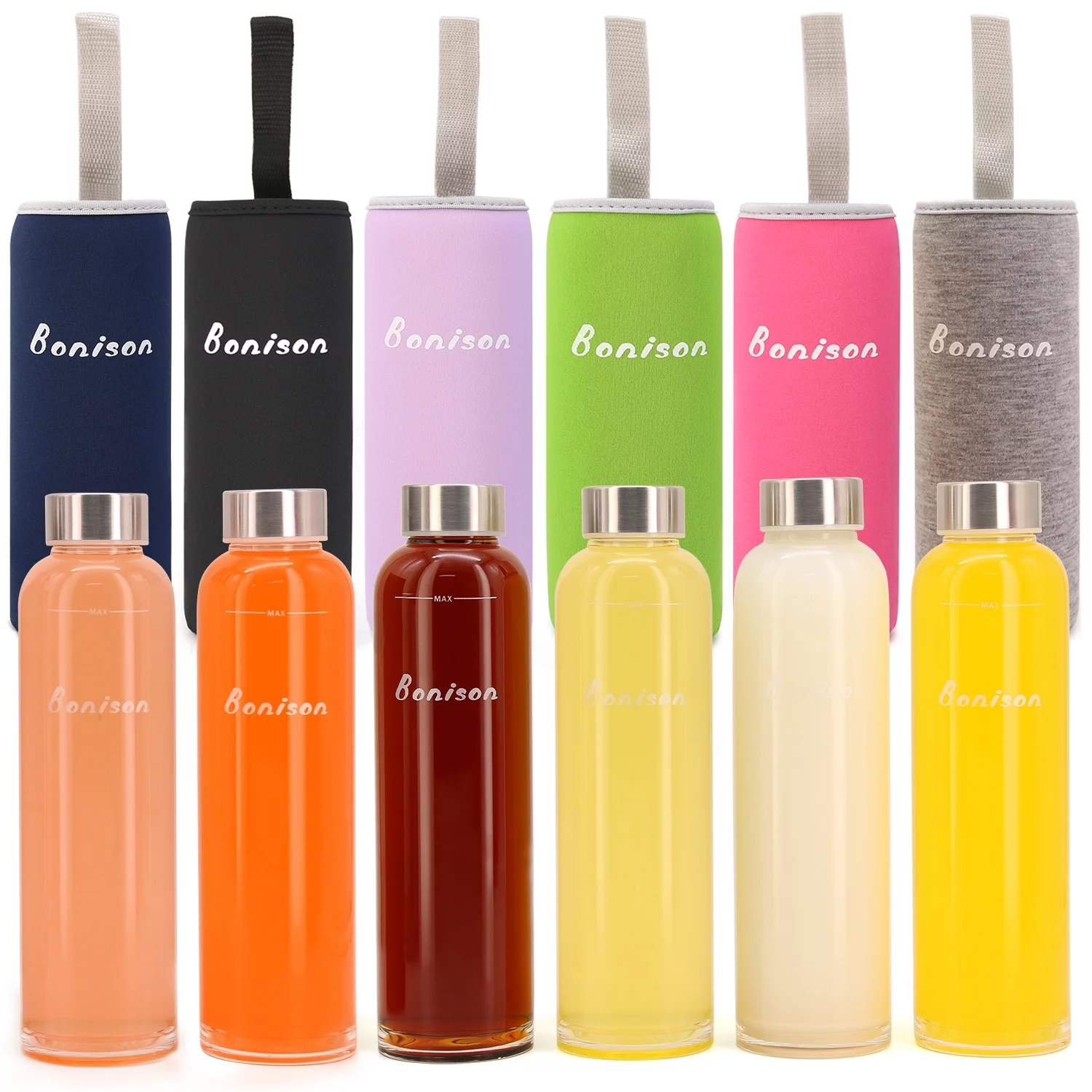 Set of 6 Newest 18.5 Oz Borosilicate Glass Water Bottle with Colorful Nylon Sleeve, Extra Thick Base, BPA Free, Crystal Clear, Trendy Design.