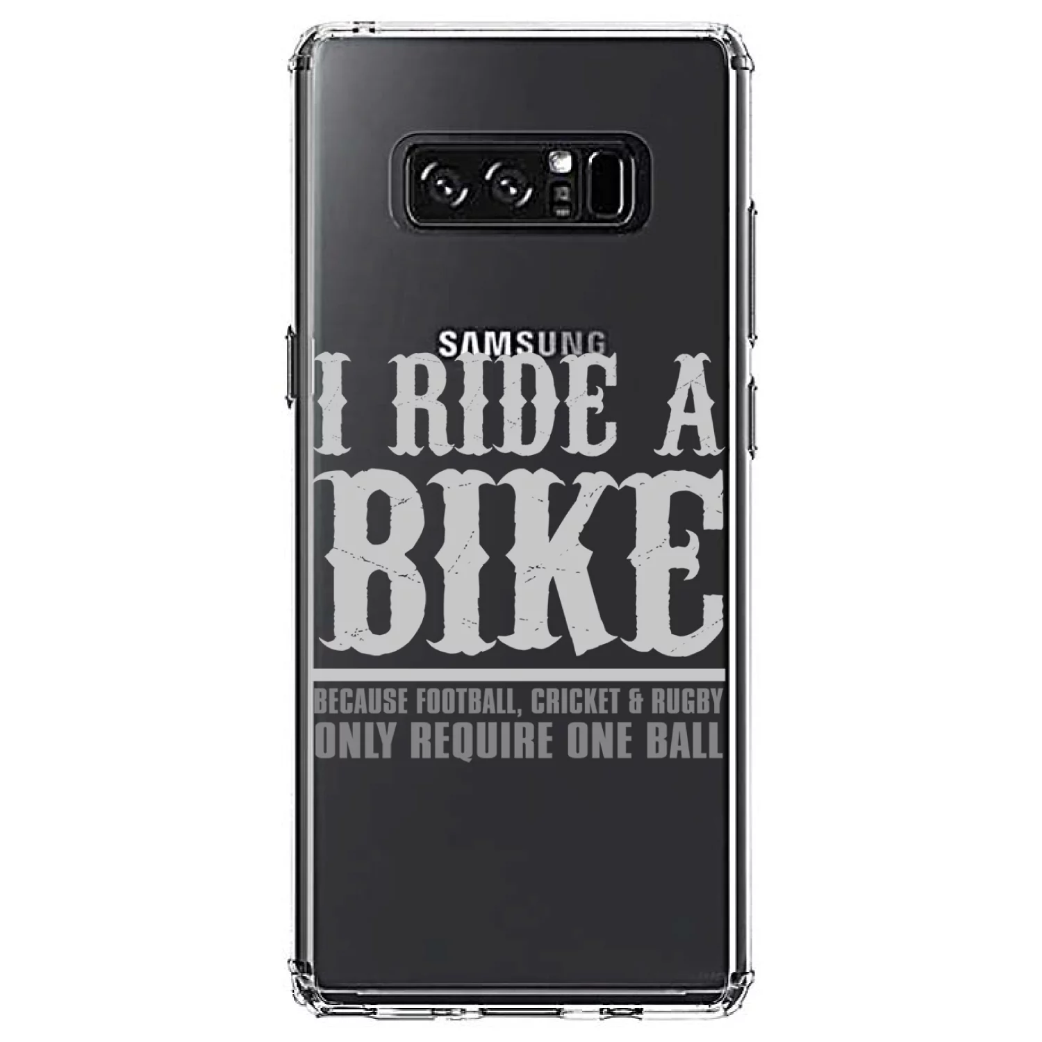 DistinctInk Clear Shockproof Hybrid Case for Samsung Galaxy Note 8 - TPU Bumper Acrylic Back Tempered Glass Screen Protector - I Ride Bike - Sports Only Require 1 Ball