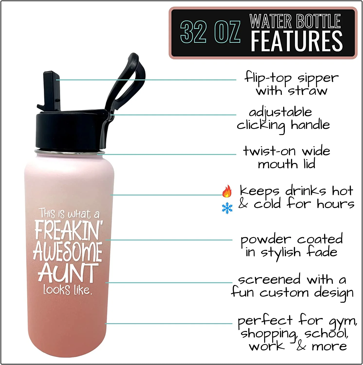 Freakin' Awesome Aunt Blush 32 oz Water Bottle