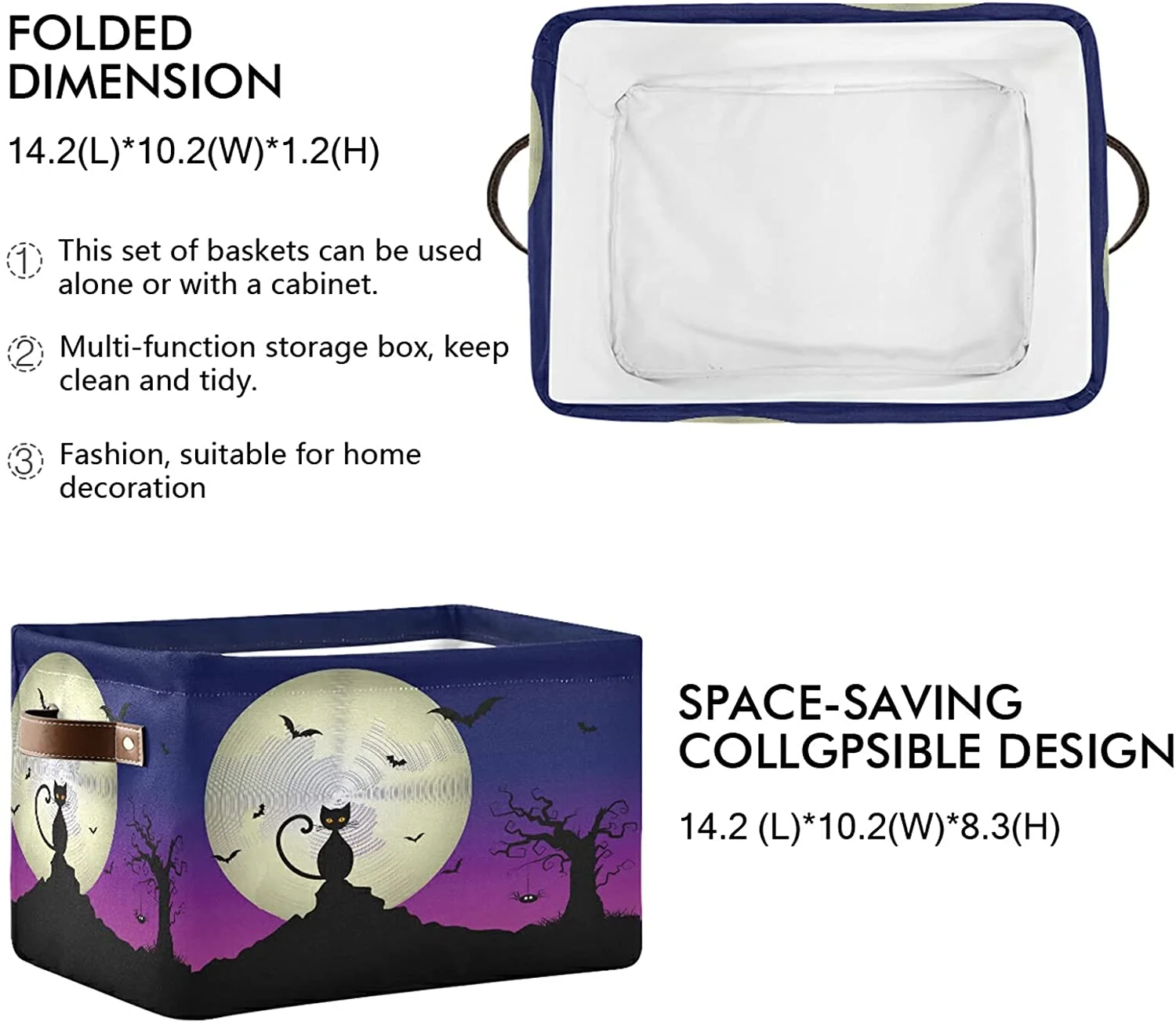 FREEAMG Halloween Cat Moon Storage Bin for Toy Storage Basket Dirty Clothes Sundries Office Home Closet Organizer Shelf Cube Box Waterproof Laundry Basket, 2 PCS