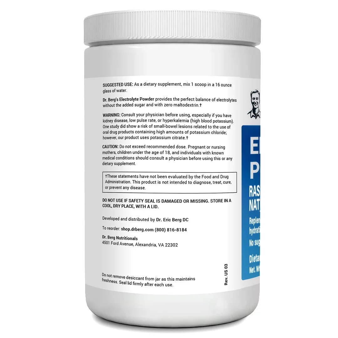 Dr. Berg Electrolyte Powder - Raspberry & Lemon Hydration Powder, 100 Servings